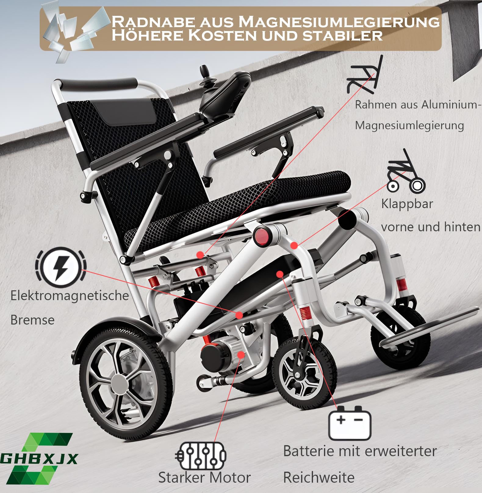 Silla de ruedas eléctrica plegable Silla de ruedas eléctrica ligera, Silla de ruedas eléctrica plegable, Silla de ruedas eléctrica para interiores y viajes, Largo alcance, Soporte 150 kg, 12AH