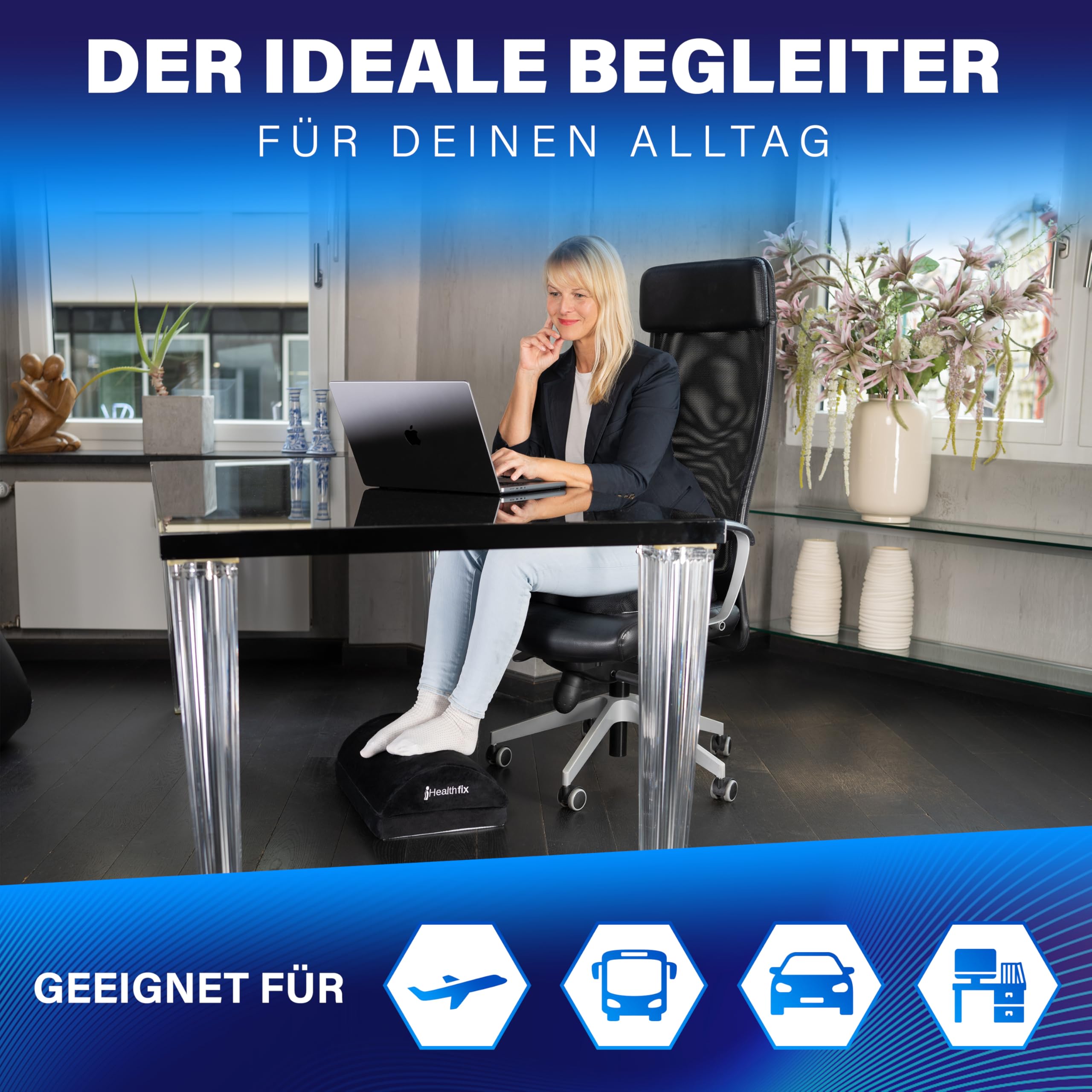 Healthfix® Ergonomische Fußstütze für Schreibtisch & Co. | Verbesserte Sitzhaltung durch höhenverstellbarer Fußablage mit Integrierter flauschigen Fußtasche | Ideal für Büro und Homeoffice