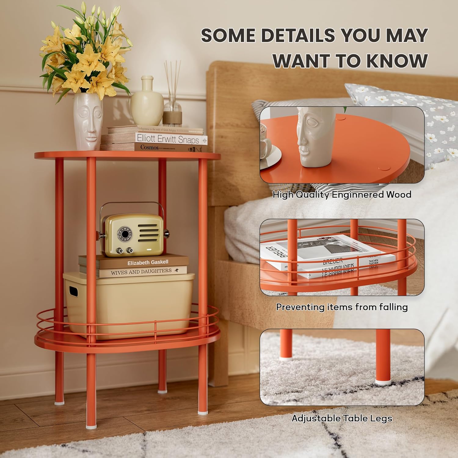 Small Modern Oval Side Table with Storage,2-Tier Side Tables Living Room,Sturdy Nightstand for Small Space - Living Room, Bedroom, Bathroom, Nursery,（1 PC,Orange）