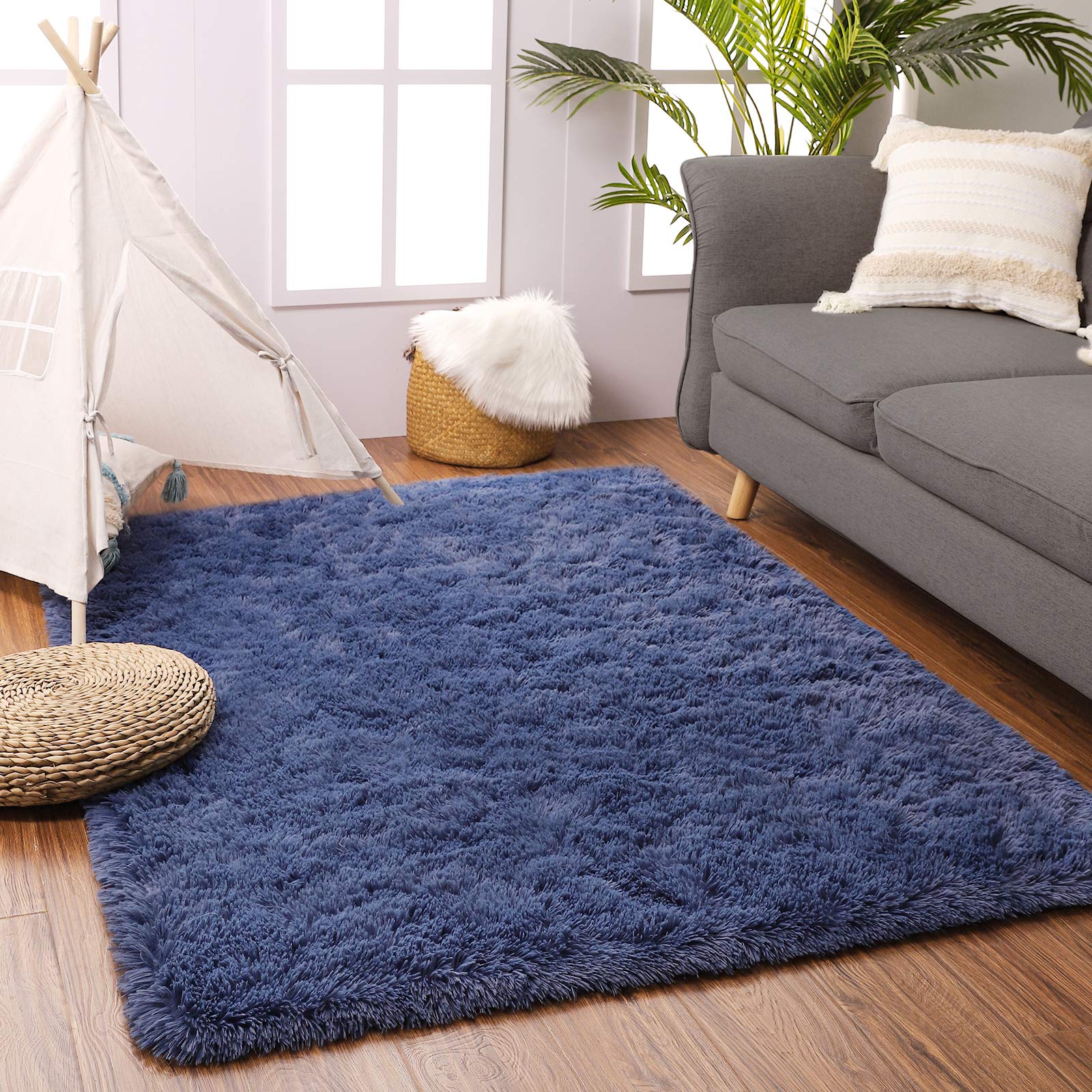 Soft Fluffy Area Rug Modern Shaggy Bedroom Rugs for Kids Room Extra Comfy Nursery Rug Floor Carpets Boys Girls Fuzzy Shag Fur Home Decor Rug, 4 ft x 5.3 ft, Light Navy