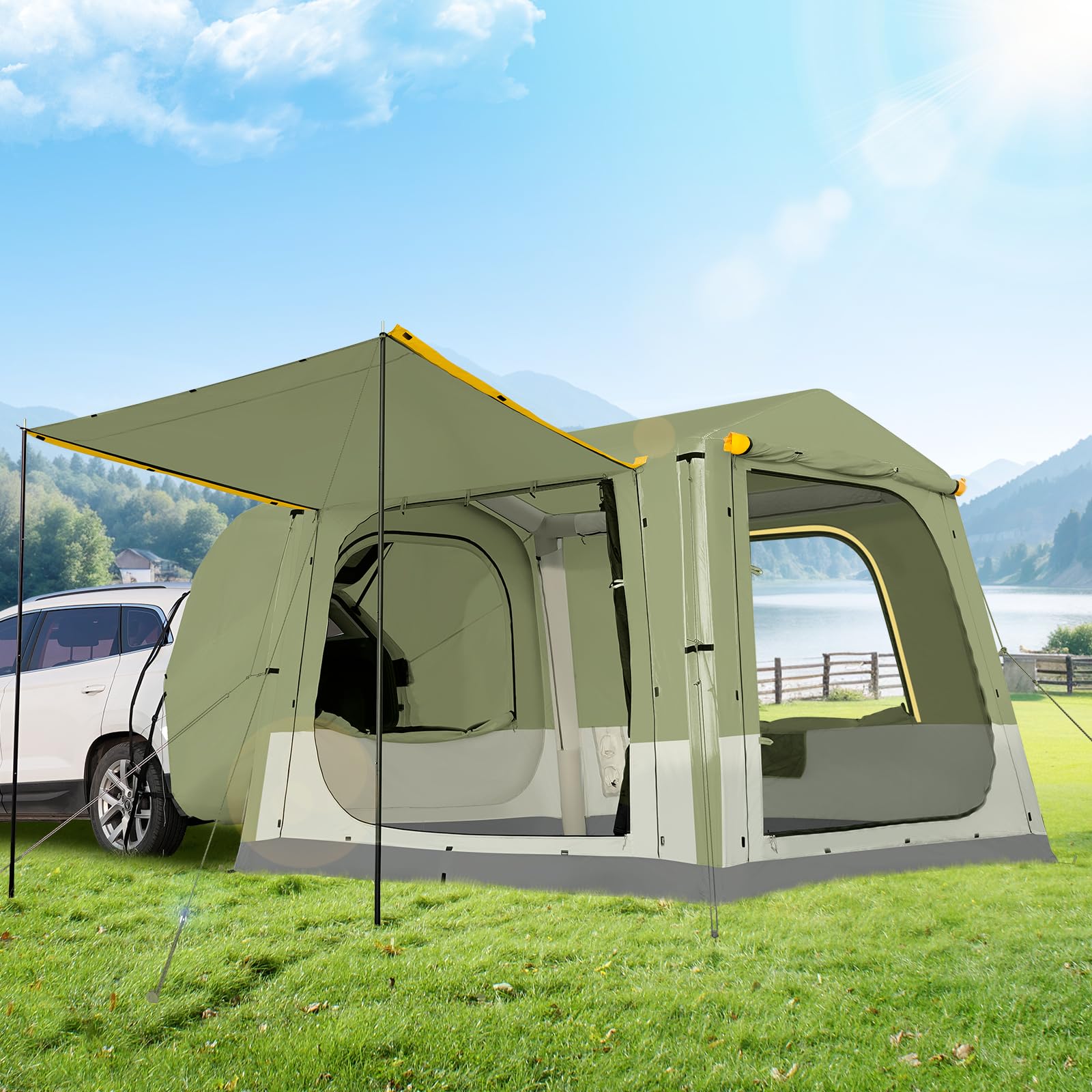 Inflatable SUV Tent for Camping,5-6 Person SUV Camping Tent with 2 Awnings,Waterproof PU3000mm Blow Up Car Tent with Pump,Easy Setup Inflatable Car Camping Tent,Army Green