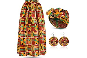 Elegant African Style Maxi Skirt, Head Wrap, and Earrings Ensemble