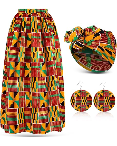 Haysandy 3 Pcs Women African Printed Maxi Skirt with Pockets Set Casual Stretch Head Wrap Scarf Drop Dangle Earrings