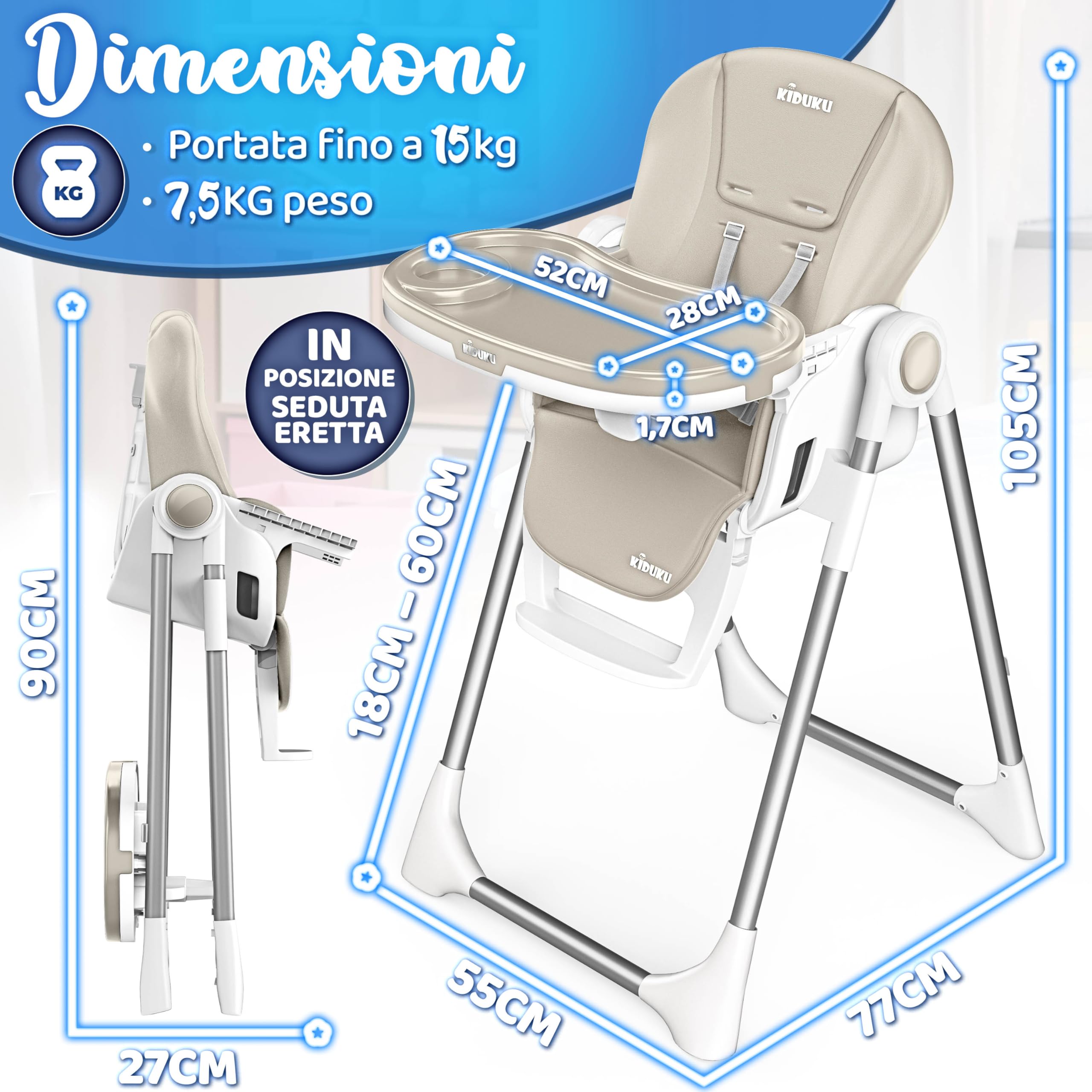 KIDUKU® Seggiolone Pappa Neonato 3 in 1 con Riduttore & Bavaglino | Seggiolone Pieghevole per Bebè e Bambini con Arco Giochi | Sedia Evolutiva Regolabile 7 Livelli | Crescita 0-36 Mesi (Beige)