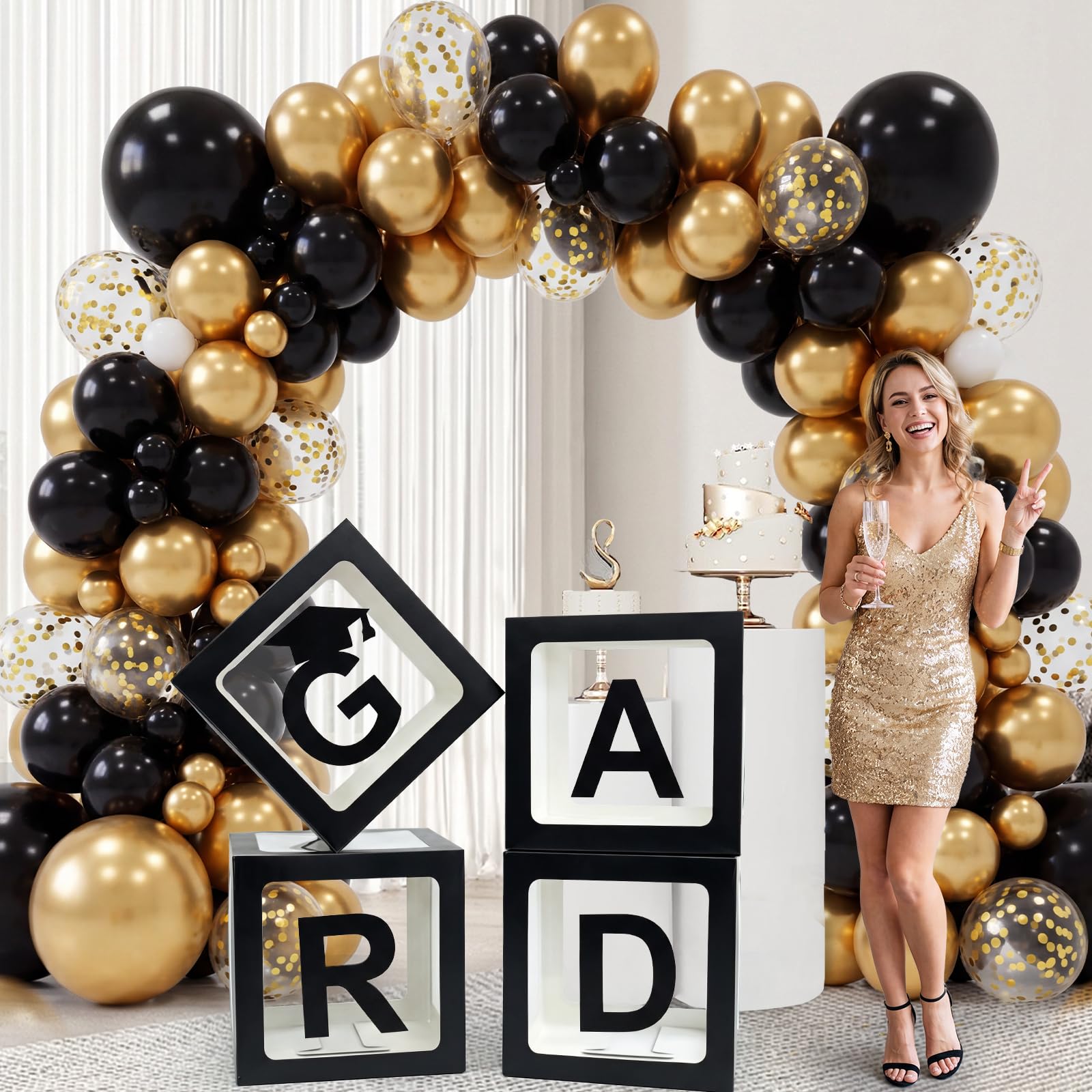 Graduation Decorations 2026, Black Boxes with So Proud of You GRAD 2026 Letters, 105PCS Latex Black Gold Balloons Set for School Graduation Party Decor