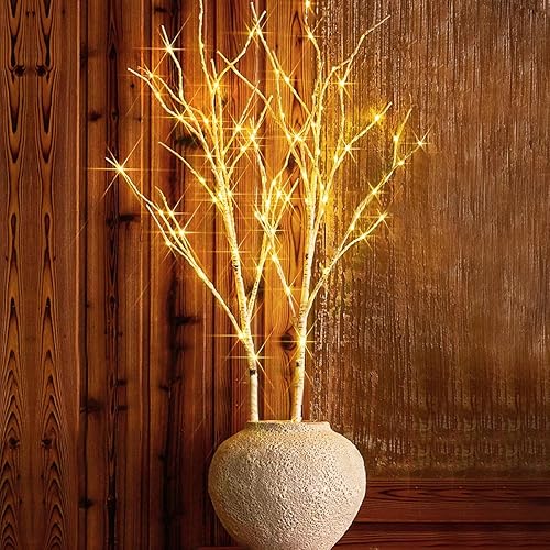 Miniatura 1 de Fudios Ramas de árbol iluminadas con temporizador luces LED blancas de abedul de 100 litros 36 pulgadas funciona con pilas para jarrón de Navidad