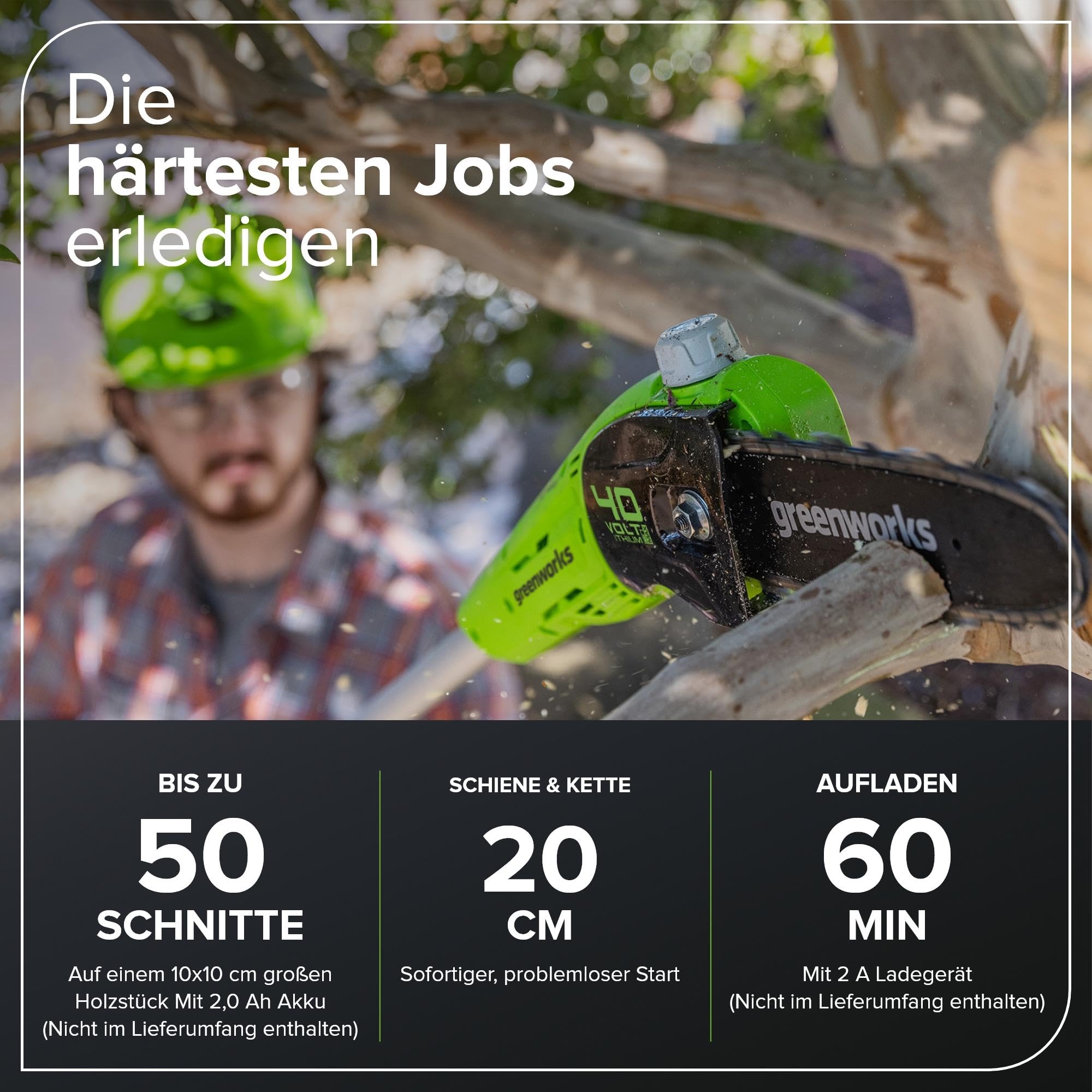 Greenworks G40PSF Akku Hochentaster, 20 cm Blattlänge, 8 m/s Kettengeschwindigkeit, 3,64 kg, automatisches Öl-System, 80 ml Öltank, 2.58m Stangenreichweite OHNE 40V Akku & Ladegerät, 3 Jahre Garantie