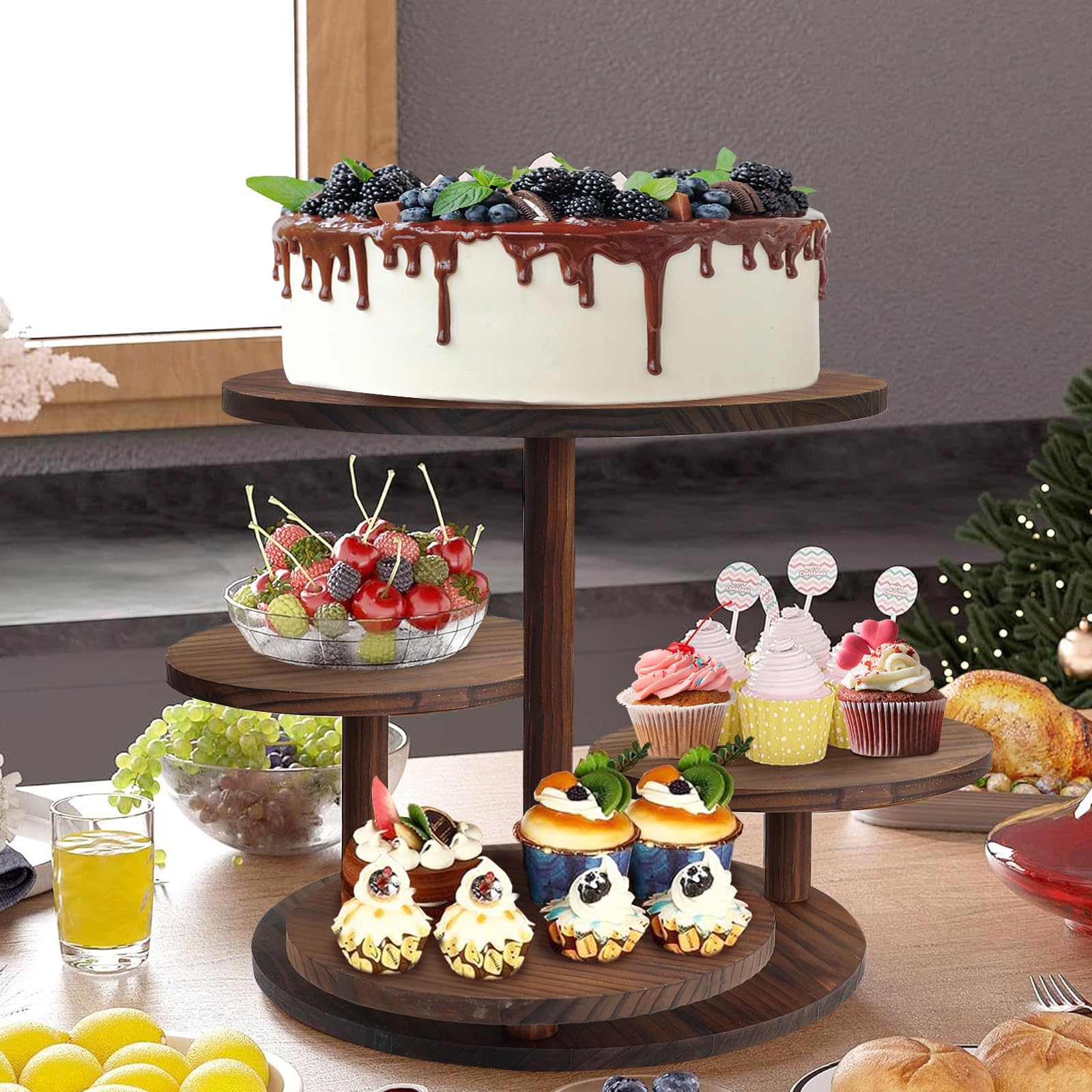 LARDUX Set di 5 alzate in legno con supporto a torre per cupcake a 5 livelli, vassoi da portata a torre a 3 piani, 2 piatti rotondi per torte, 1 piatto quadrato per dessert, salumi, snack per feste