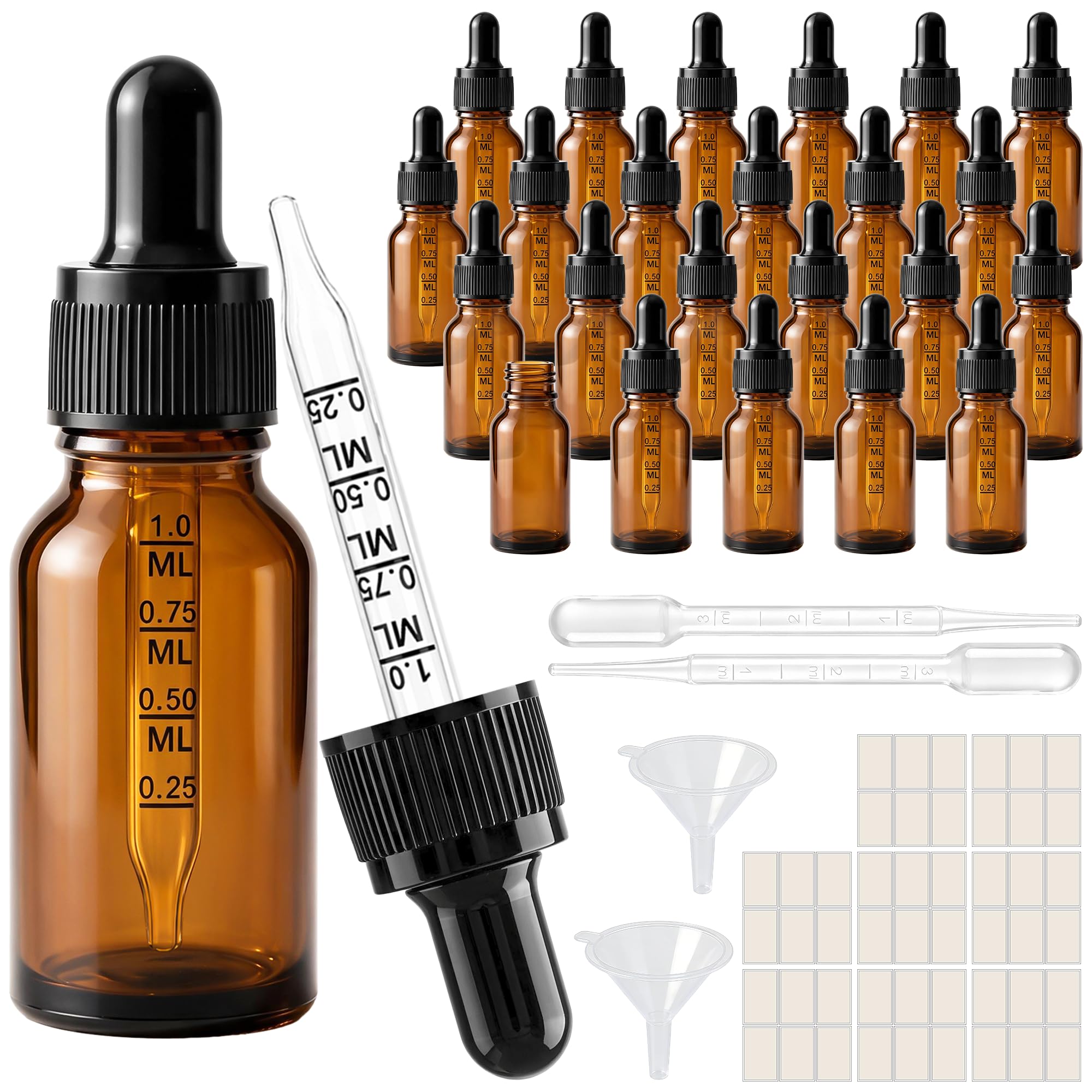 PrettyCare 24 Pack 0.5 oz Amber Dropper Bottles Bulk with Black Cap, 15ml Glass Tincture Bottles with Funnel &amp; Labels - Small Business Essential Oil Containers for DIY