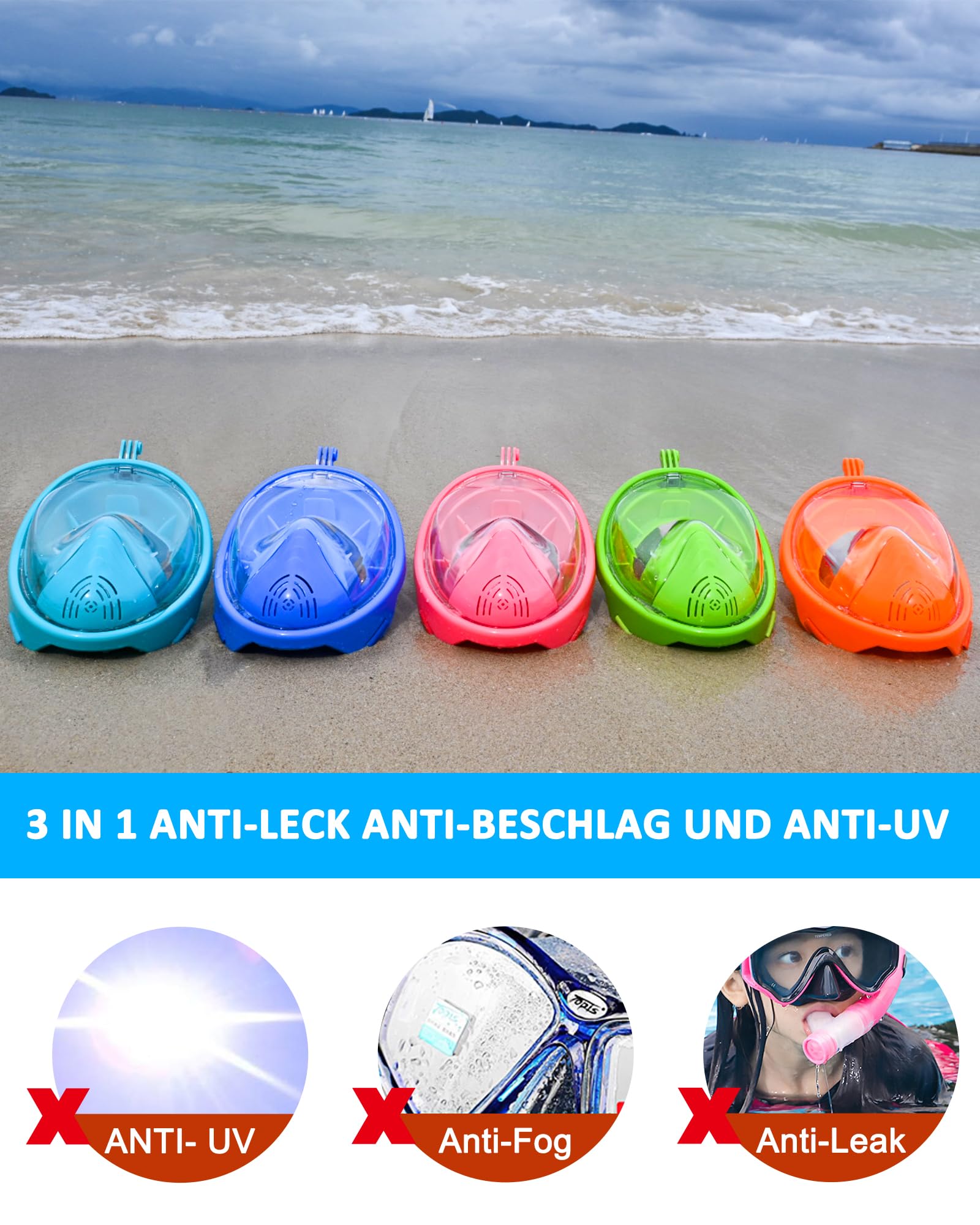 Schnorchelmaske für Kinder, 180 ° Panoramablick, freie Atmung, Vollgesichts-Schnorchelmaske, Anti-Beschlag und Anti-Leck, geeignet für Kinder im Alter von 4-15 Jahren