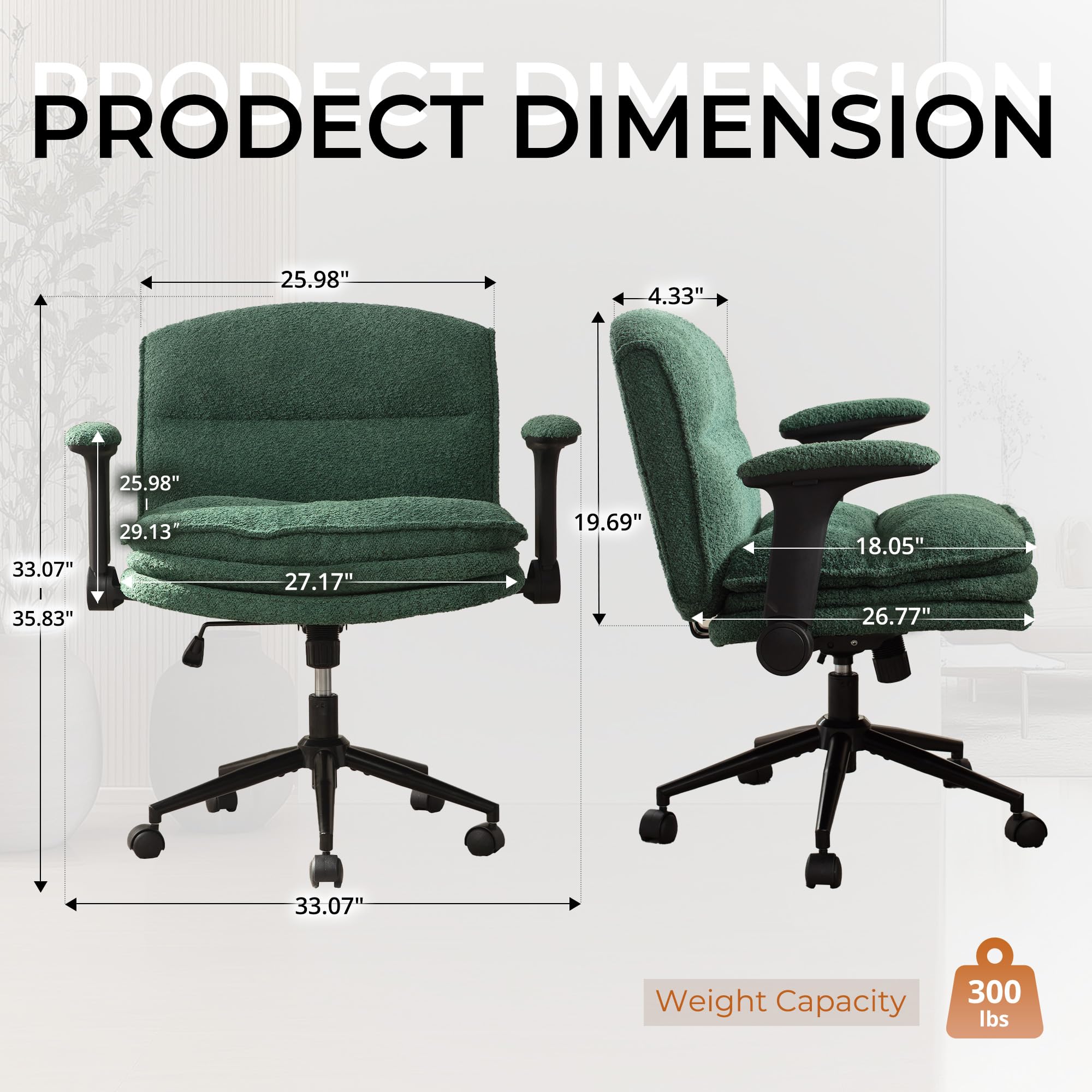 Condition photo showing New/Like New for Dowinx Criss Cross Chair with Adjustable Flip-up Arms and Wheels, Comfort Ergonomic Office Desk Armchair with 3 Layer Cushions, Wide Seat Vanity Chair for Home Office, Living Room, Bedroom, Green