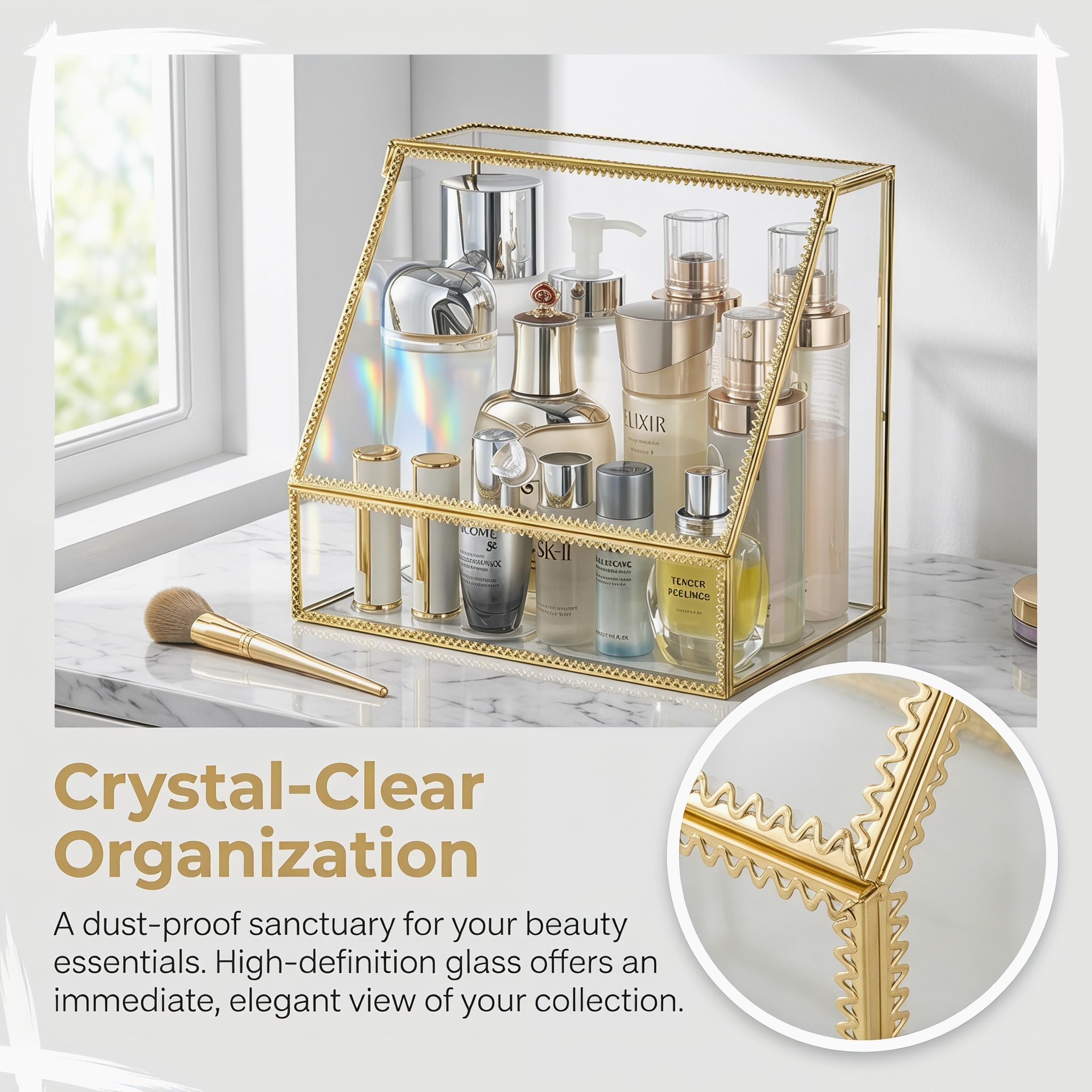 Organizador de maquillaje, soporte de cepillo de maquillaje, organizador de baño de vidrio, Clear, Almacenamiento a prueba de polvo