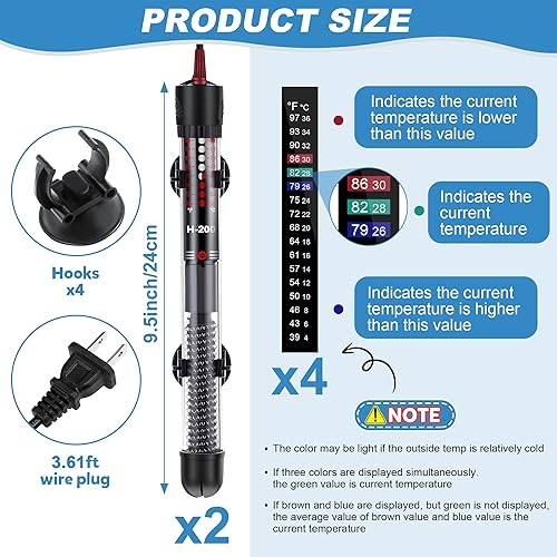 Miniatura 3 de Dreyoo Juego de 2 calentadores sumergibles para acuario, 100 W/300 W, calentador de tanque de peces de acuario ajustable con 4 termómetros adhesivos