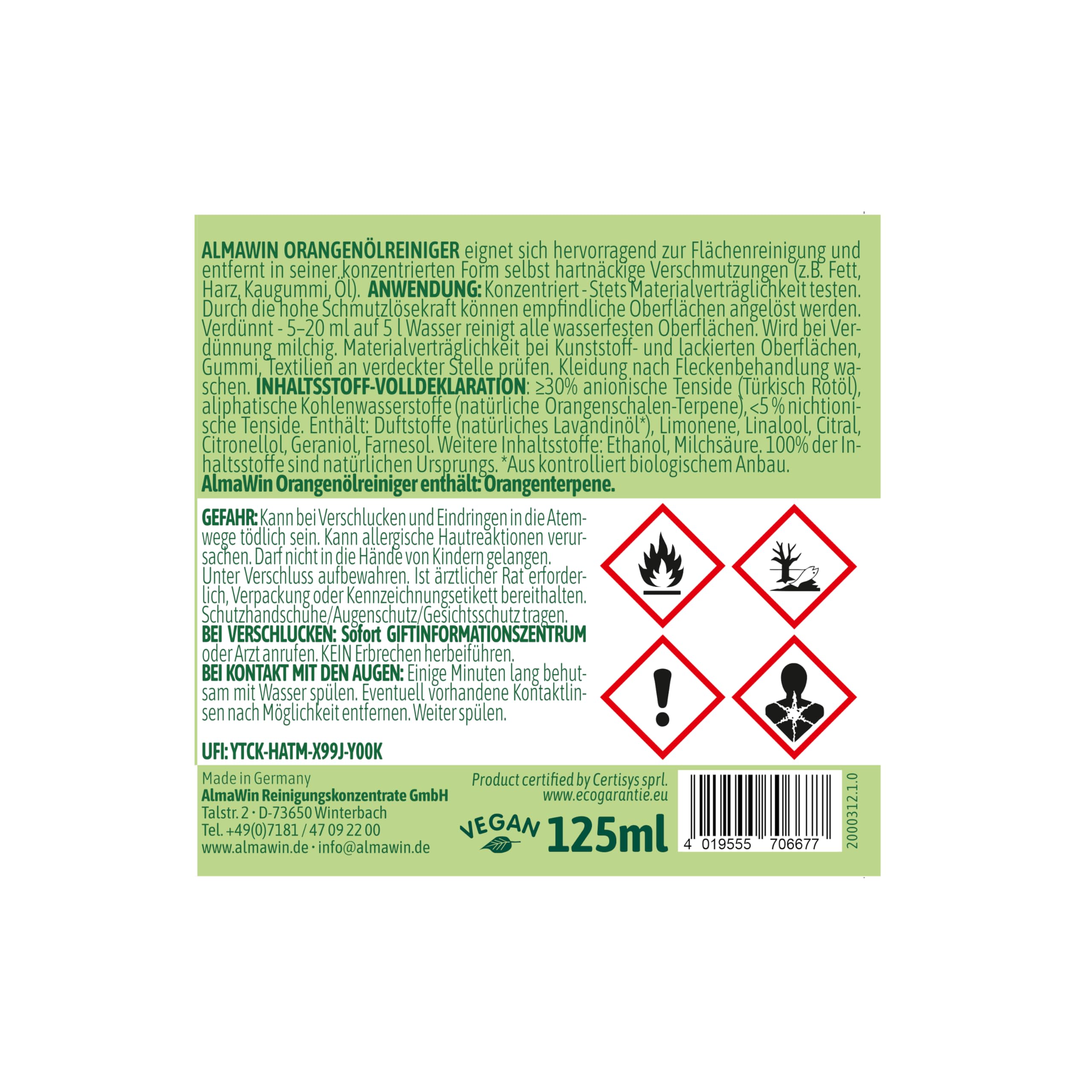 AlmaWin® Orangenölreiniger ÖKO [15x 125ml] ideal als starker Allesreiniger & Fettlöser - Veganes Orangenreiniger Konzentrat mit fruchtigem Duft - Besonders ergiebiger Orangenöl Reiniger