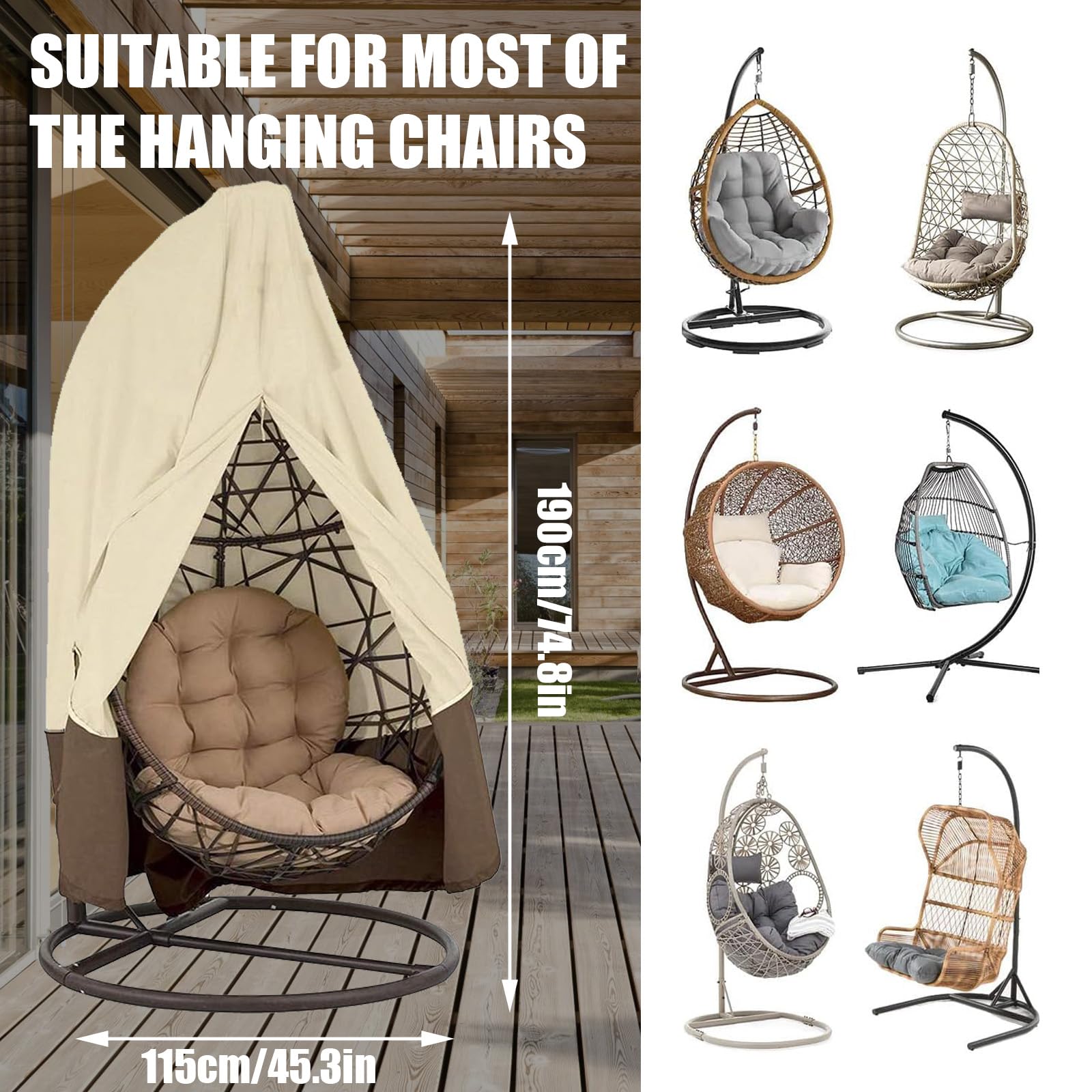 Housse de Chaise Suspendue Imperméable Anti-UV/Vent, Couverture de Chaise Suspendue en Oxford 210d,115x190cm