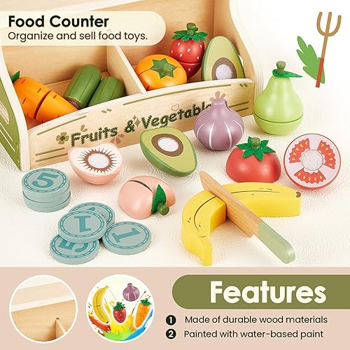 Miniatura 3 de Buyger Juego de accesorios de cocina con juego de simulación para cortar alimentos, plástico y madera, accesorios de cocina, juguetes de comida de
