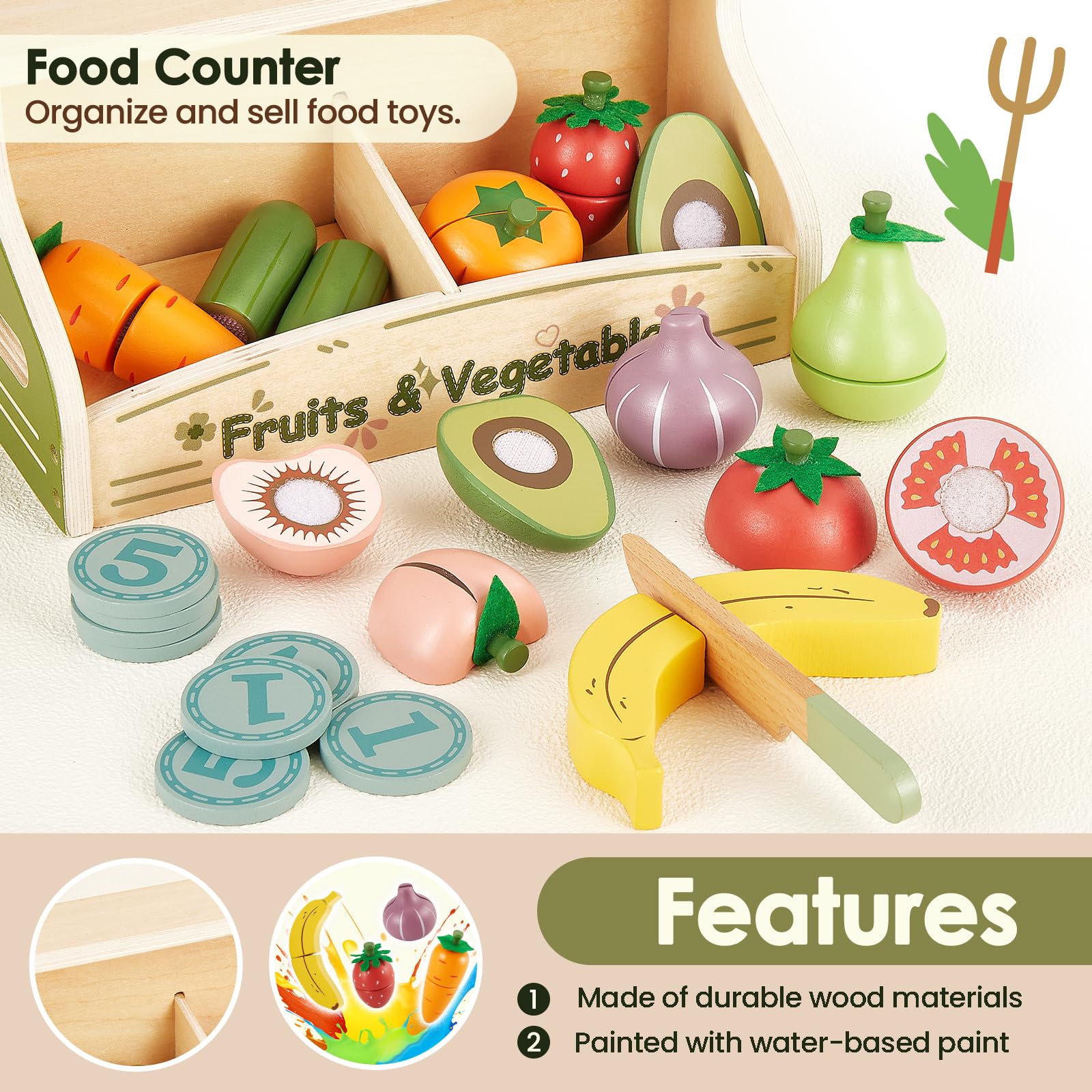 BUYGER Frutas y Verduras Juguete para Cortar, Comida Juguete Cocinita con Mostrador, Alimentos Juguete de Madera para Cocina, Montessori Educativo Regalo Navidad para Niños 2 3 4 5 Años