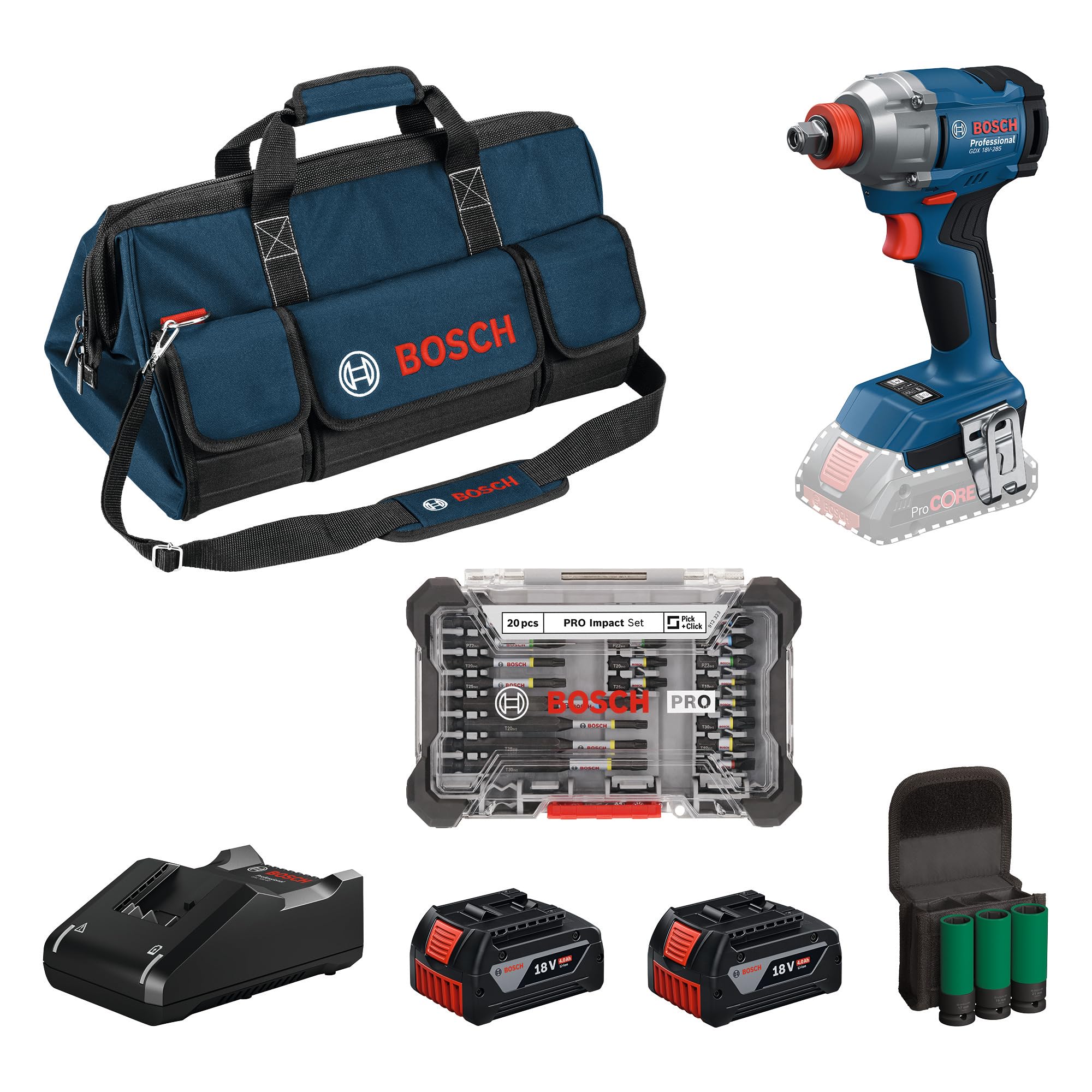 Bosch Professional Blue 18V System Cordless Impact Wrench Gdx 18V-285 (Incl. 2X Gba 4.0Ah Batteries, Gal 18V-40 Charger)