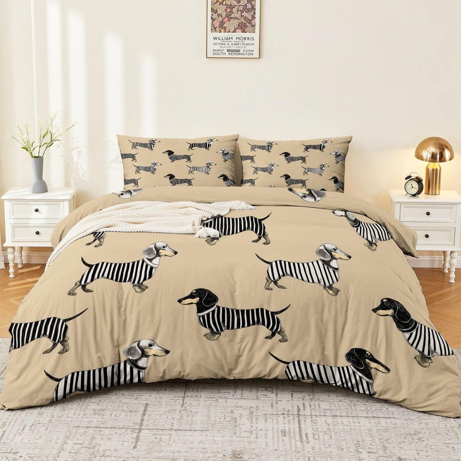 Wende-Bettbezug, Mikrofaser Einfach Dackel Streifen Niedlich Bettbezug aus Atmungsaktive, Sommer Bettwäsche-Set mit Kissenbezug Bunt Bettwäsche-Set mit Reißverschlus 180 x 200 cm