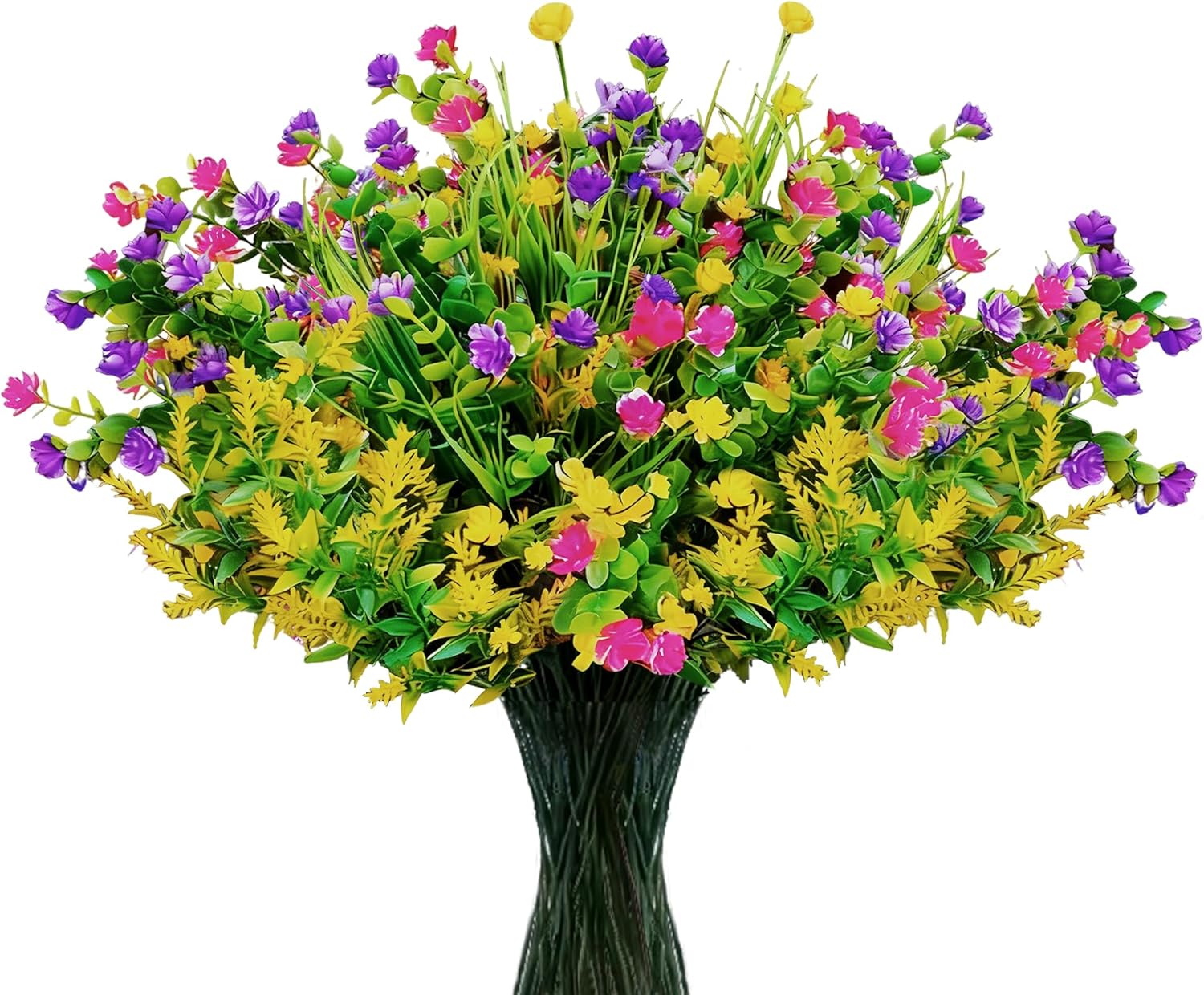 Red O 9 Pack Artificial Flowers Outdoor, UV Resistant Fake Flowers & Plastic Plants for Porch, Hanging Planter, Cemetery Pots - Yellow, Purple, Green Faux Flowers for Indoor Outside Decoration