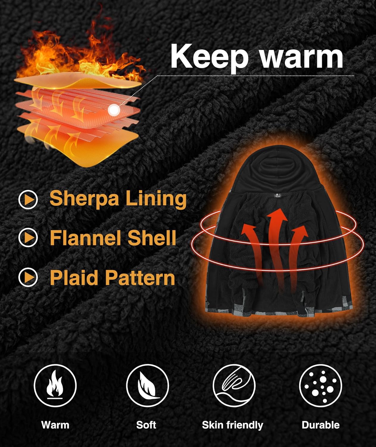 ZITY Mens Sherpa Flannel Shirt Jacket Plaid Fleece Lined Hoodie Full Zip Long Sleeve Winter Warm Coat for Men - Image 3