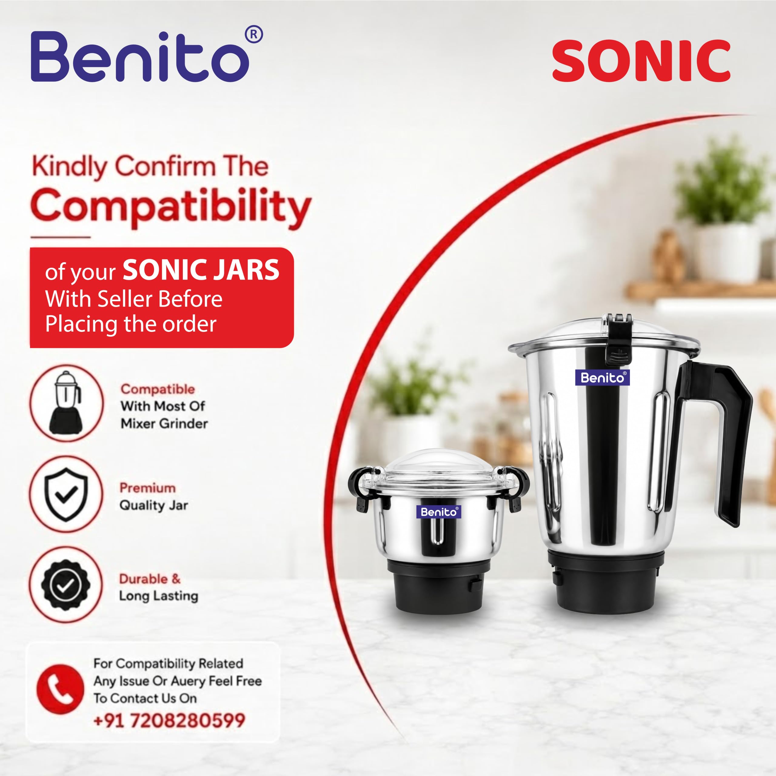 Benito Sonic Stainless Steel Jar Set (500 & 1200ml) for Mixer Grinder – Compatible with 4-Teeth Coupler & Dual Locking System — Amazon image 6