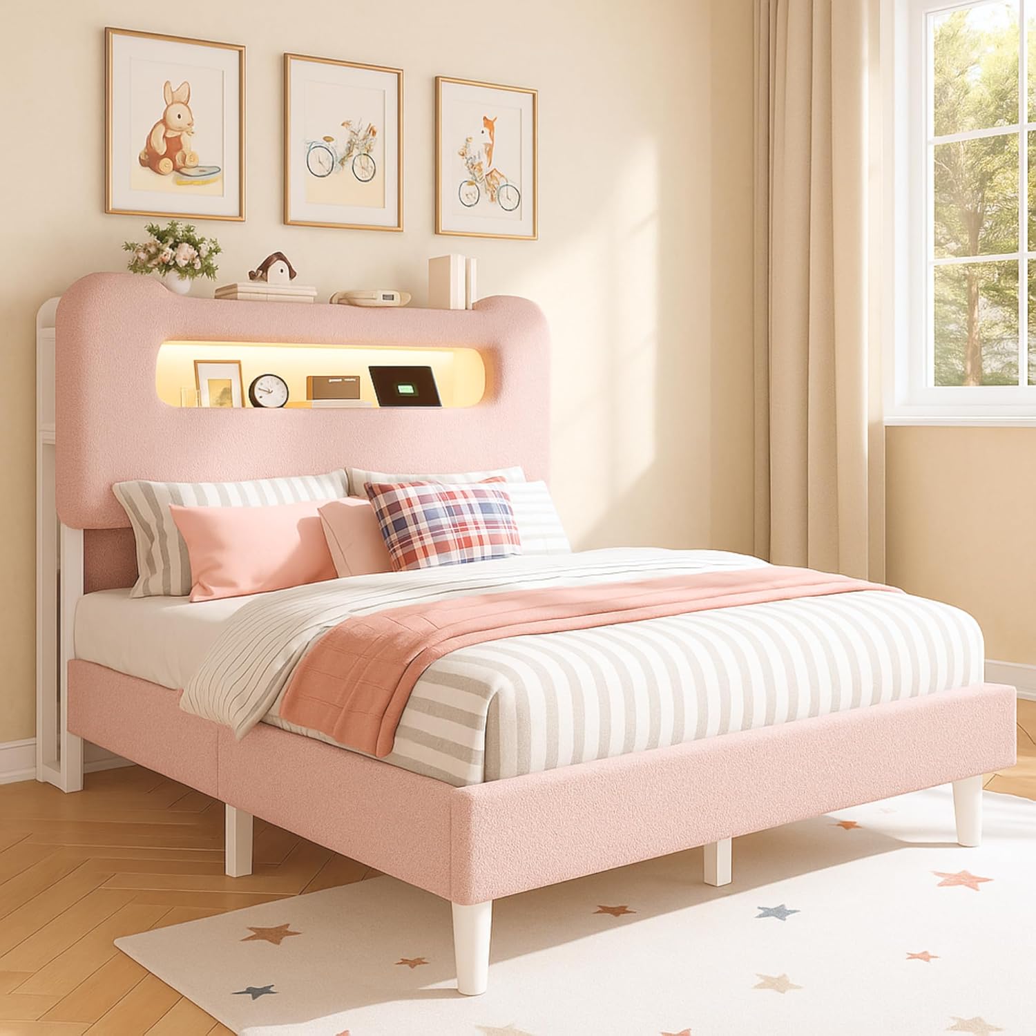 DWVO Full Size Bed Frame, Boucle Upholstered Bed with Storage Headboard, LED Bed with USB & Outlet, No Box Spring Needed, Pink