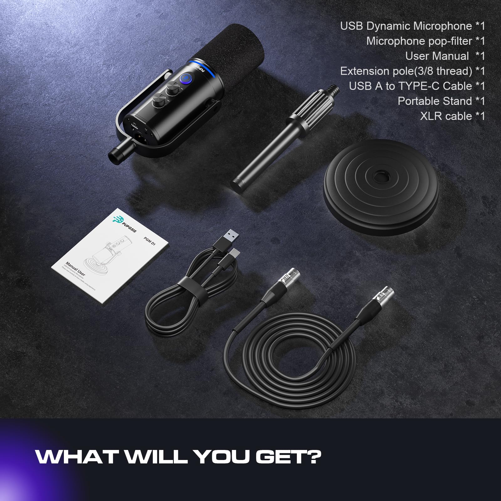 PUPGSIS Microfono per PC con registrazione podcast, microfono dinamico con pulsante mute, effetti riverbero, jack per cuffie, supporto da tavolo, uscite USB-C e XLR, microfono USB per giochi