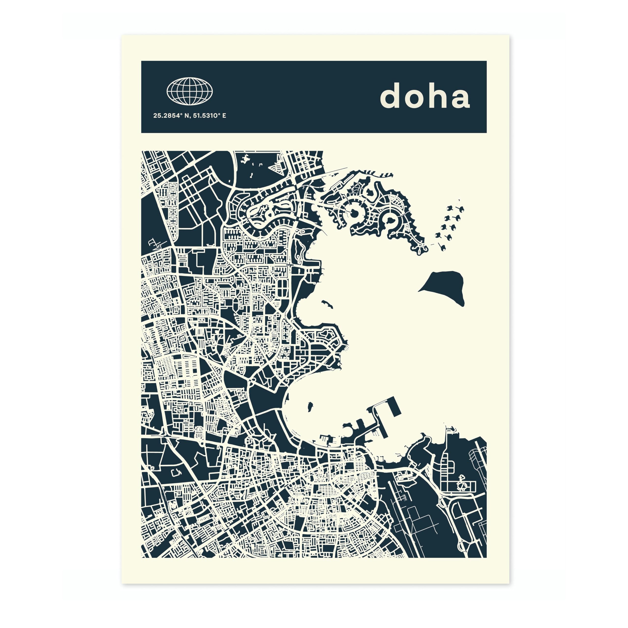 Doha Minimalist City Maps Poster, City Coordinates Print, Landmark Apartment Home Decor, A3 (Print Only) - 42x29.7cm