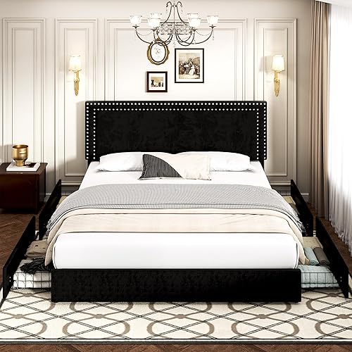 Miniatura 316 de VECELO Base de cama de tamaño matrimonial con cabecera tapizada ajustable, plataforma de listones de madera, diseño sin ruido, fácil montaje Negro