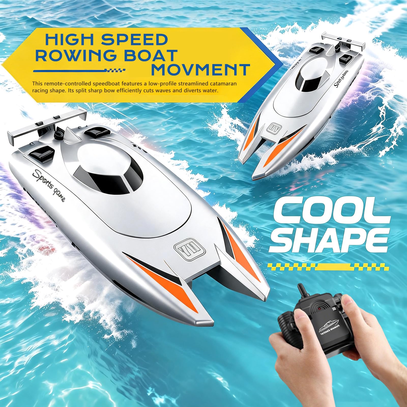 Ferngesteuertes Boot für Kinder und Erwachsene, 15+ MPH Hochgeschwindigkeits-Rennboot mit Dual-Motor, RC-Boote, 25 km/h, Hochgeschwindigkeits-Rennboot, 2 Kanäle für Pools oder Seen (Silber)