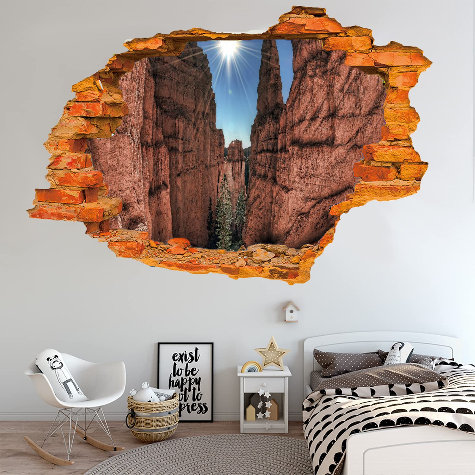 Soleil Sticker Mural 3D Rochers Autocollant De Tatouage Mural Brisé Décor De Chambre À Coucher Pour Garçons Autocollants Muraux Nature Pour Bébé Pépinière Fille Enfants Chambre Mur Décors 80x120cm