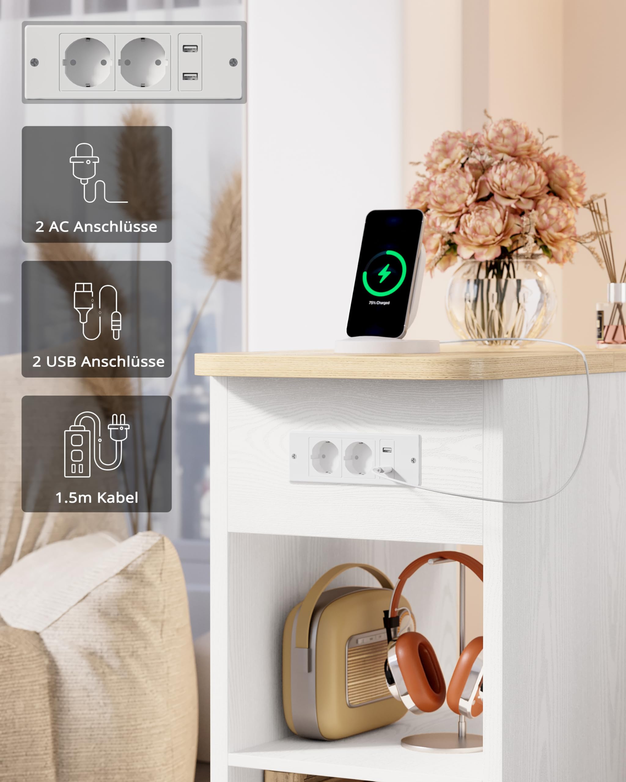 IRONCK Nachttisch schmal, Beistelltisch mit Steckdose 2 AC, 2 USB-Anschlüsse, Holz Sofatisch, Couchtisch mit Flip geheimfach, 2 offene Fächer, Nachtschrank für Wohnzimmer, Schlafzimmer,Weiß