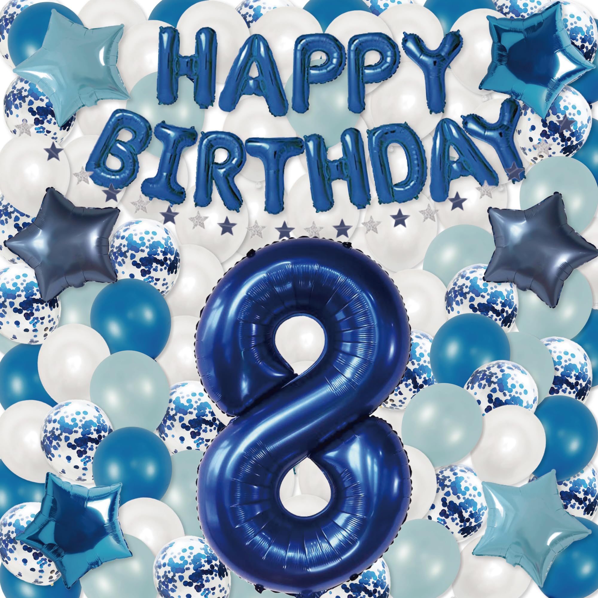 Photo 1 of ***HEAVILY USED MISSING ITEMS***
Blue Birthday Balloon Set for Boys & Girls – 80PCS Party Decorations with Number “8” Balloon, Blue & White Balloons, Confetti, Star Foils, Ribbon, Balloon Strip & HAPPY BIRTHDAY Banner (8)