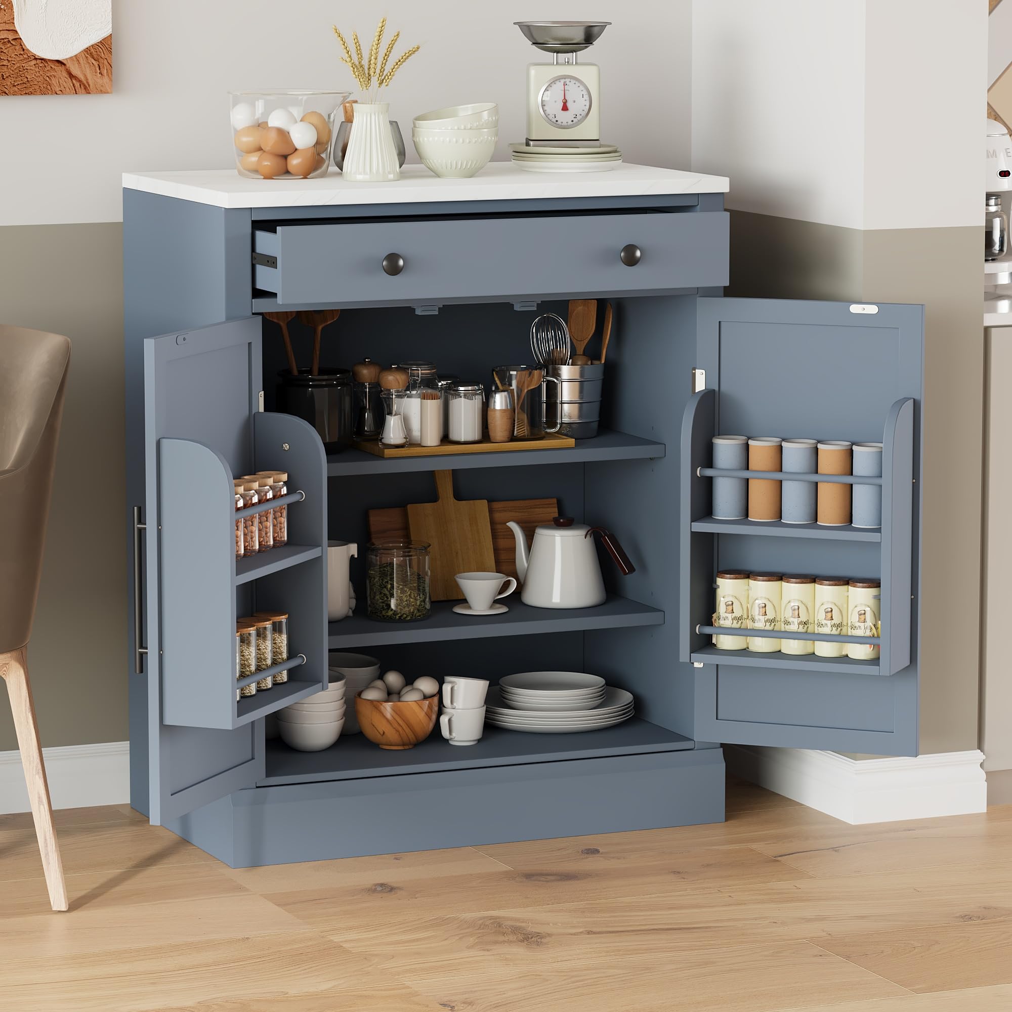 Freestanding Kitchen Pantry Cabinet Gray, Modern Buffet Storage with Faux Marble Top, Drawer and 2 Adjustable Shelves, Anti-Tip for Small Kitchens Coffee Bar