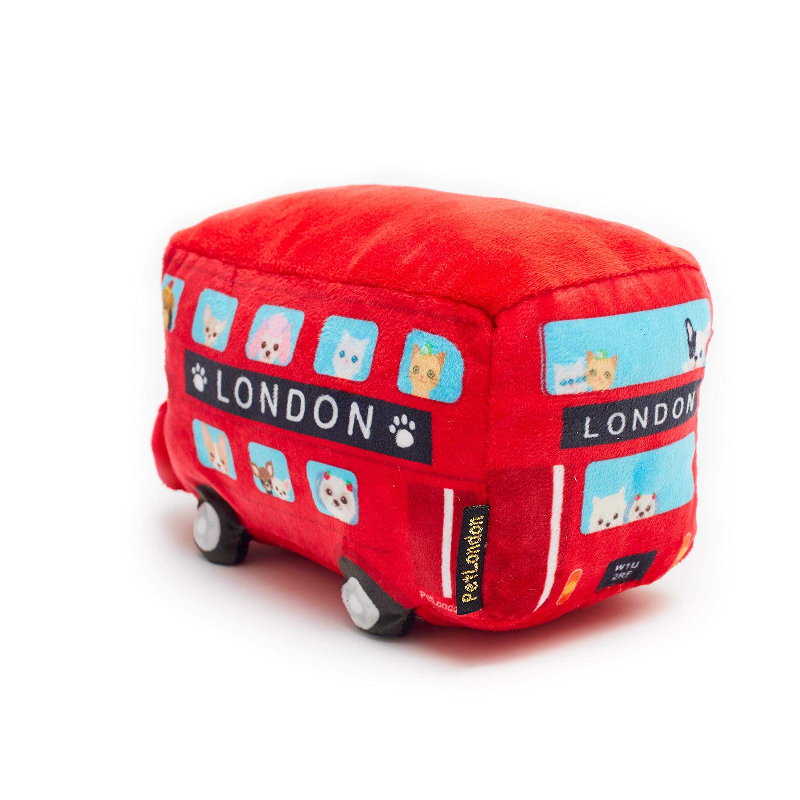 PetLondon - Giocattolo per cani in morbido peluche a forma di autobus londinese, 22,9 cm, design 3D con bulldog, barboncino, chihuahua, pomerania, bassotto nella finestra