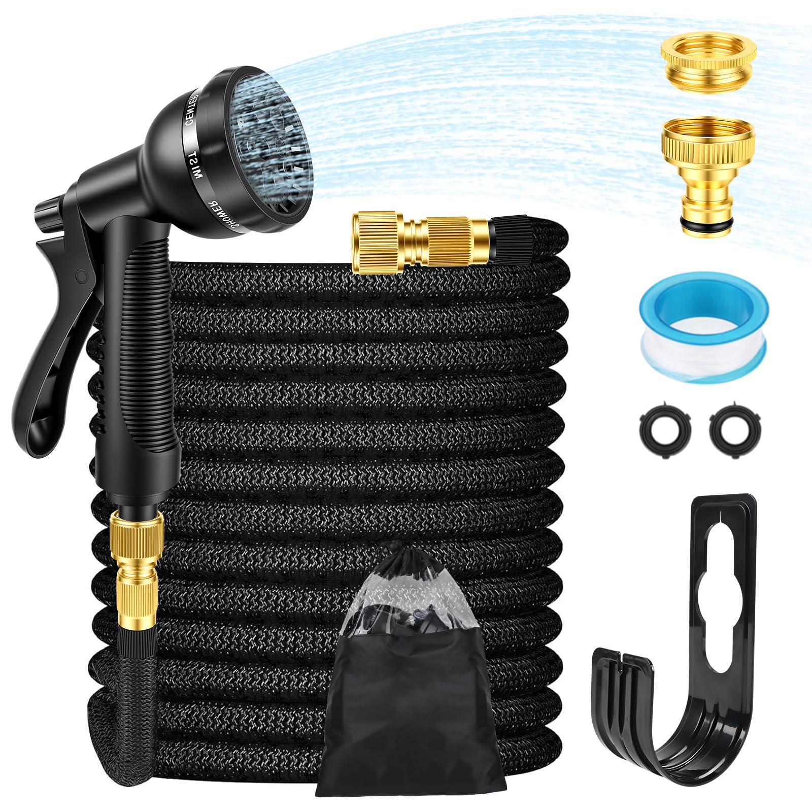 Flexible Expandable Garden Hose with 8 Function Spray Nozzle Black 100FT 30M