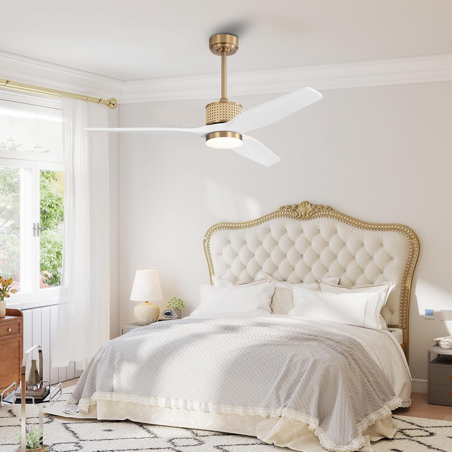 52" Ceiling Fan with Light – Remote Control, Solid Wood, Quiet Reversible DC Motor, White/Gold Finish, Includes 4.5"/12" Downrods, Noiseless Ceiling Fan for Bedroom, Living Room, Porch