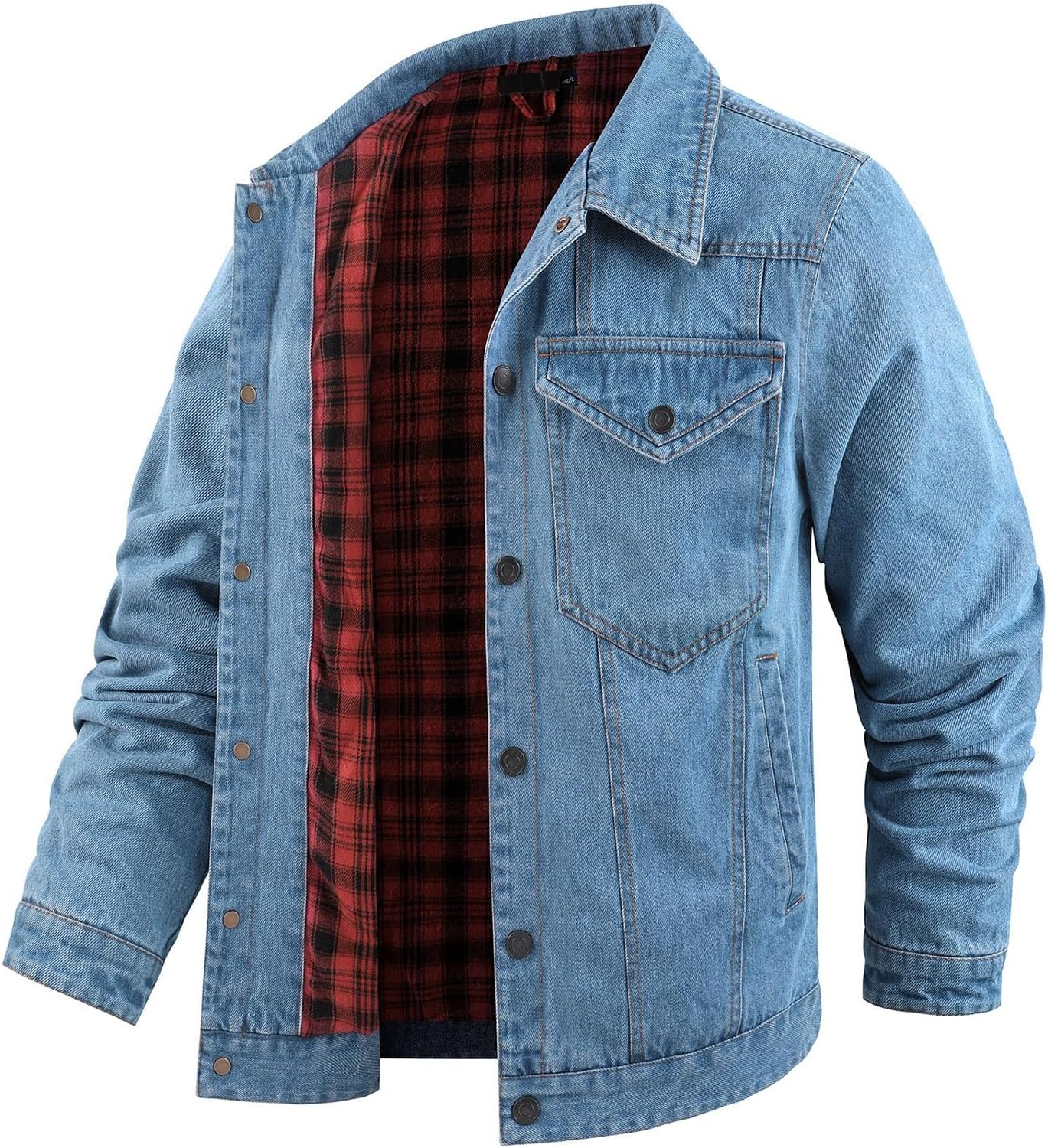 Men's Denim Jacket Flannel Plaid Lined Jean Jackets Vintage Cowboy Snap Jean Coat Classic Slim Lapel Trucker Coats