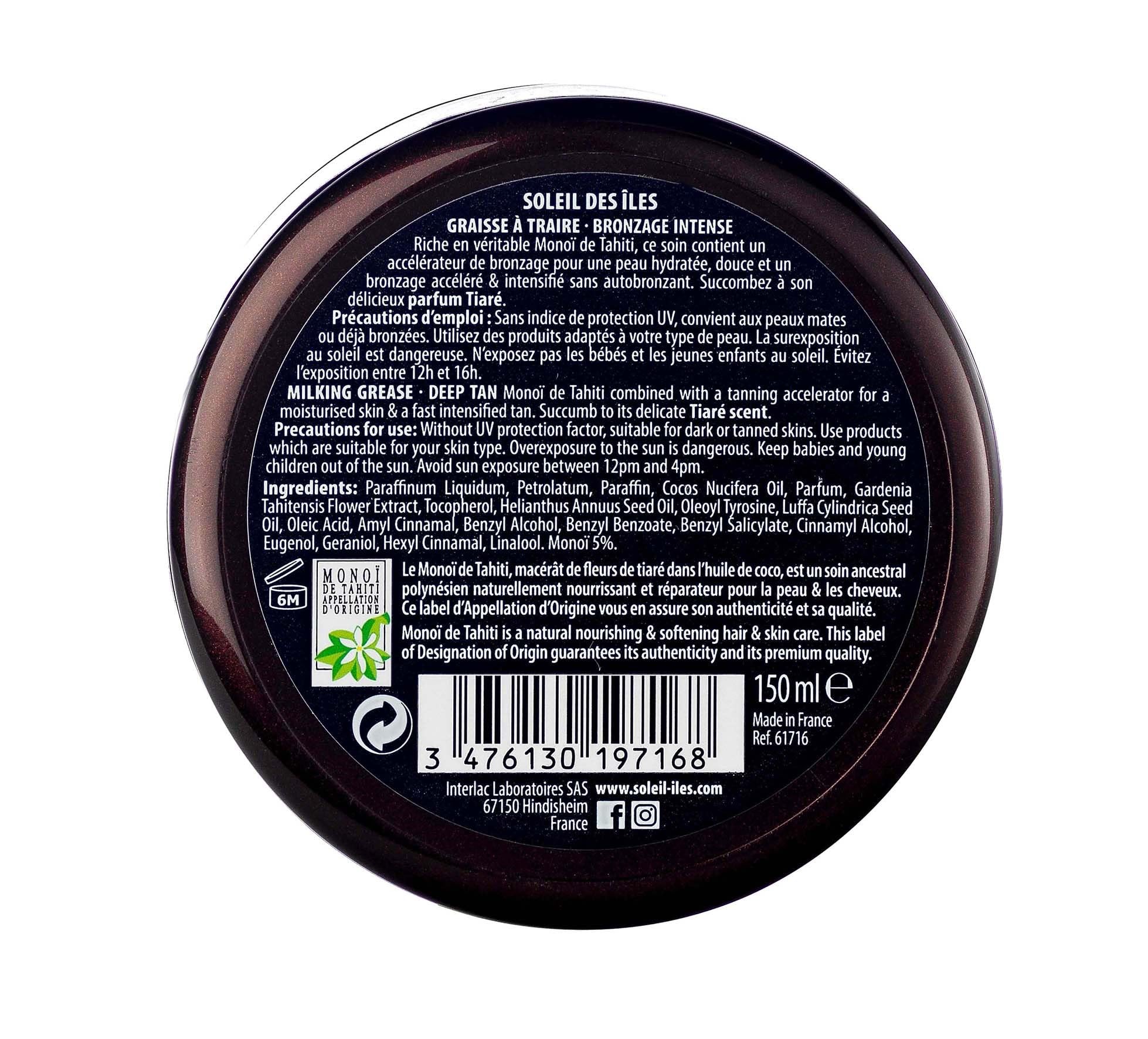 Soleil des Îles | 100% naturalny smar do doju z Tahiti Monoi z akceleratorem opalania - bez parabenów, wodoodporny - perfumy Tiaré - Wyprodukowano we Francji