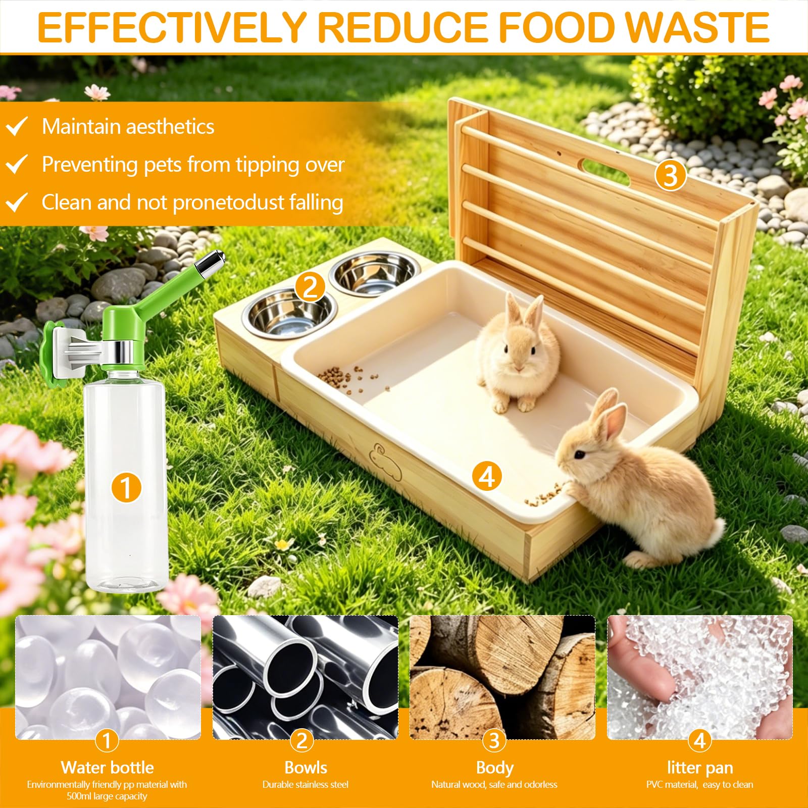 Porta Fieno Conigli 4 in 1, Multifunzione Legno Mangiatoia Fieno per Coniglis con WC, Ciotole e Bottiglia d'acqua, Distributore di Fieno Adatto per Conigli, Cincillino, Criceti e Piccoli Animali