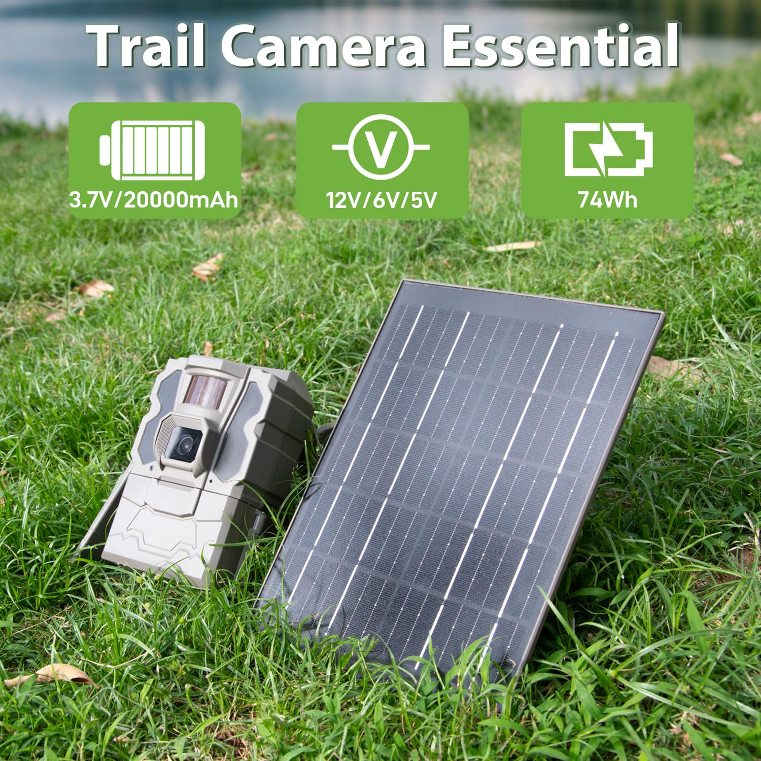 Solarpanel 20000mAh Akku kompatibel mit 12V/6V Wildlifekamera Überwachungskameras 3M Verbindungskabel Wasserdichtes Solarladegerät