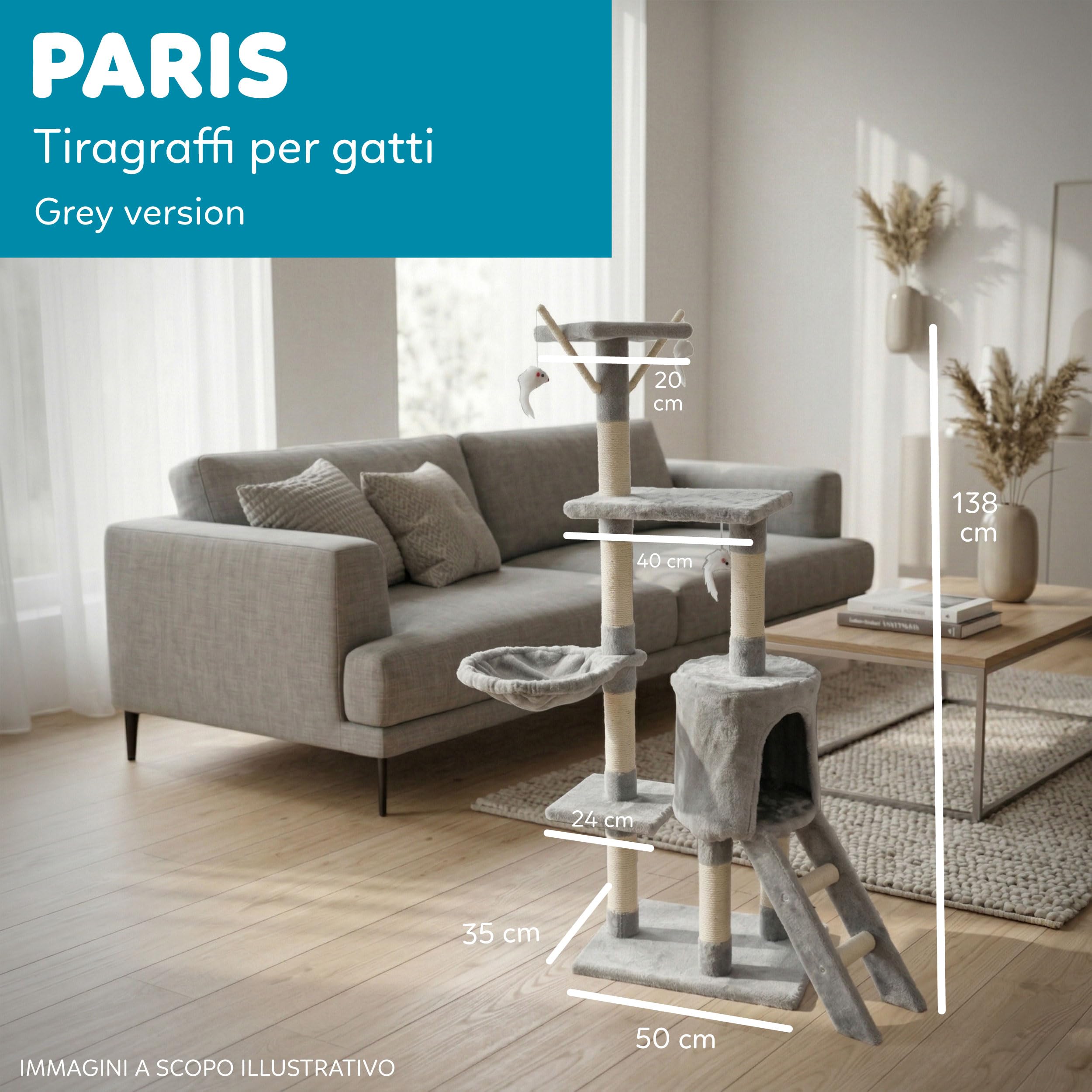 AQPET Tiragraffi Paris 138 cm con Cuccia per Gatti Albero Parco Giochi Gioco Tira Graffi per Gatto, Grigio