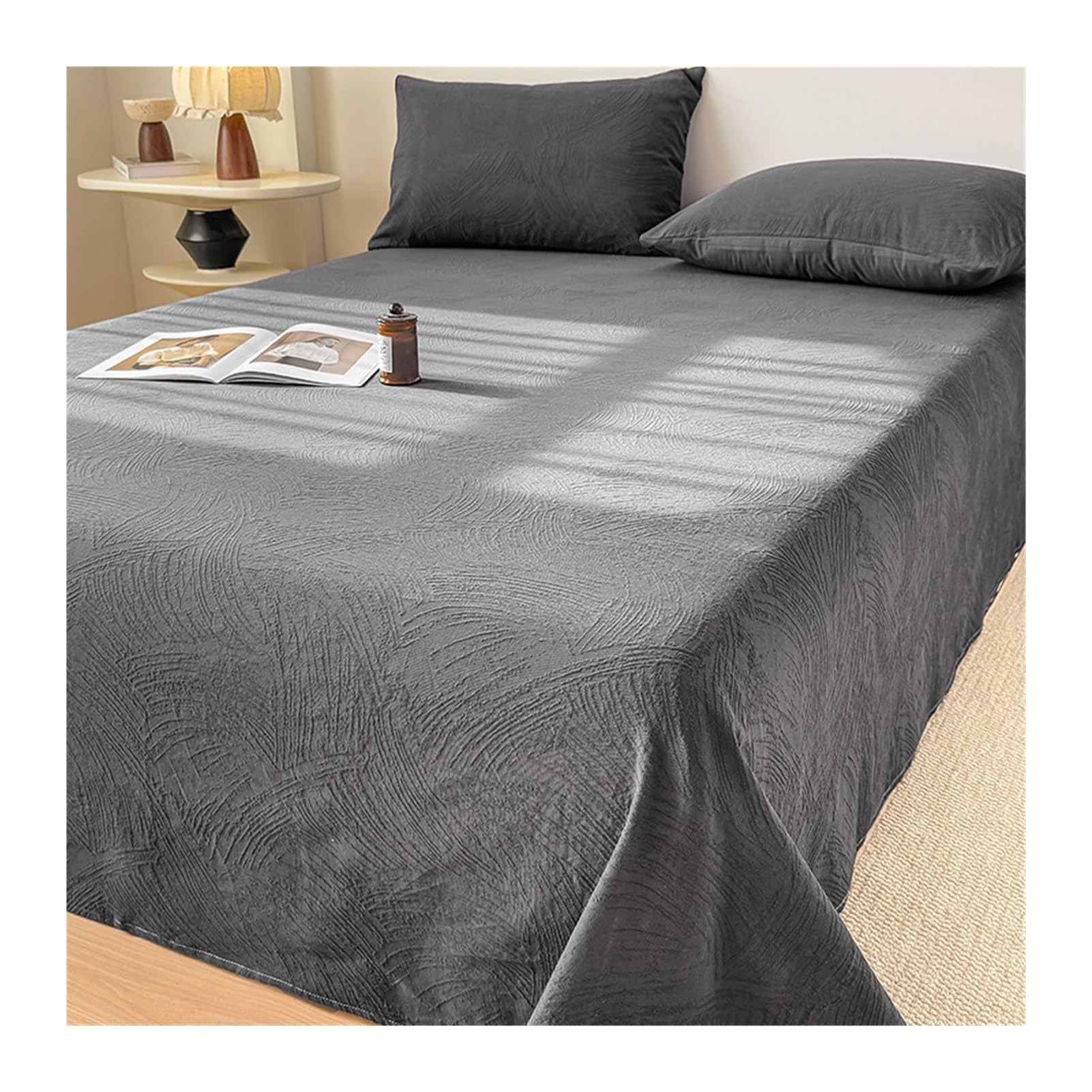 GBHMJU 100% Cotton Thick Flat Sheet Twin Full Queen Jacquard Machine Washable Breathable Top Sheet(Gray A,230x250cm+48x74cm x2)