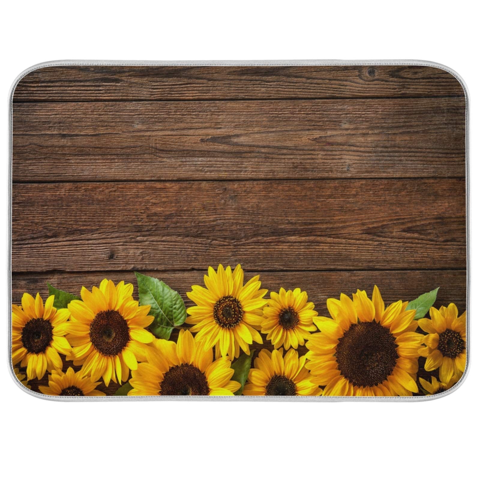 Dish Drainer Mat for Kitchen Counter Sunflower Wooden Dish Drying Mat 18 x 24 inch Dish Dry Mat Bottles Dish Dry Pad Protector for Kitchen Countertops