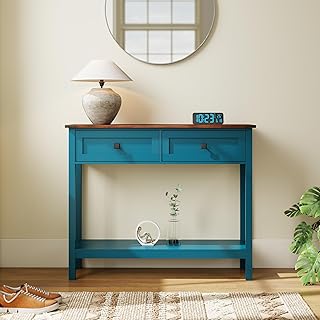 Console Table with 2 Drawers & Shelf: Farmhouse Style Entryway & Living Room Storage Table for Apartment Renters & Home Organizers - Tool-Free Assembly & Anti-Tip Design (Pagoda Blue)