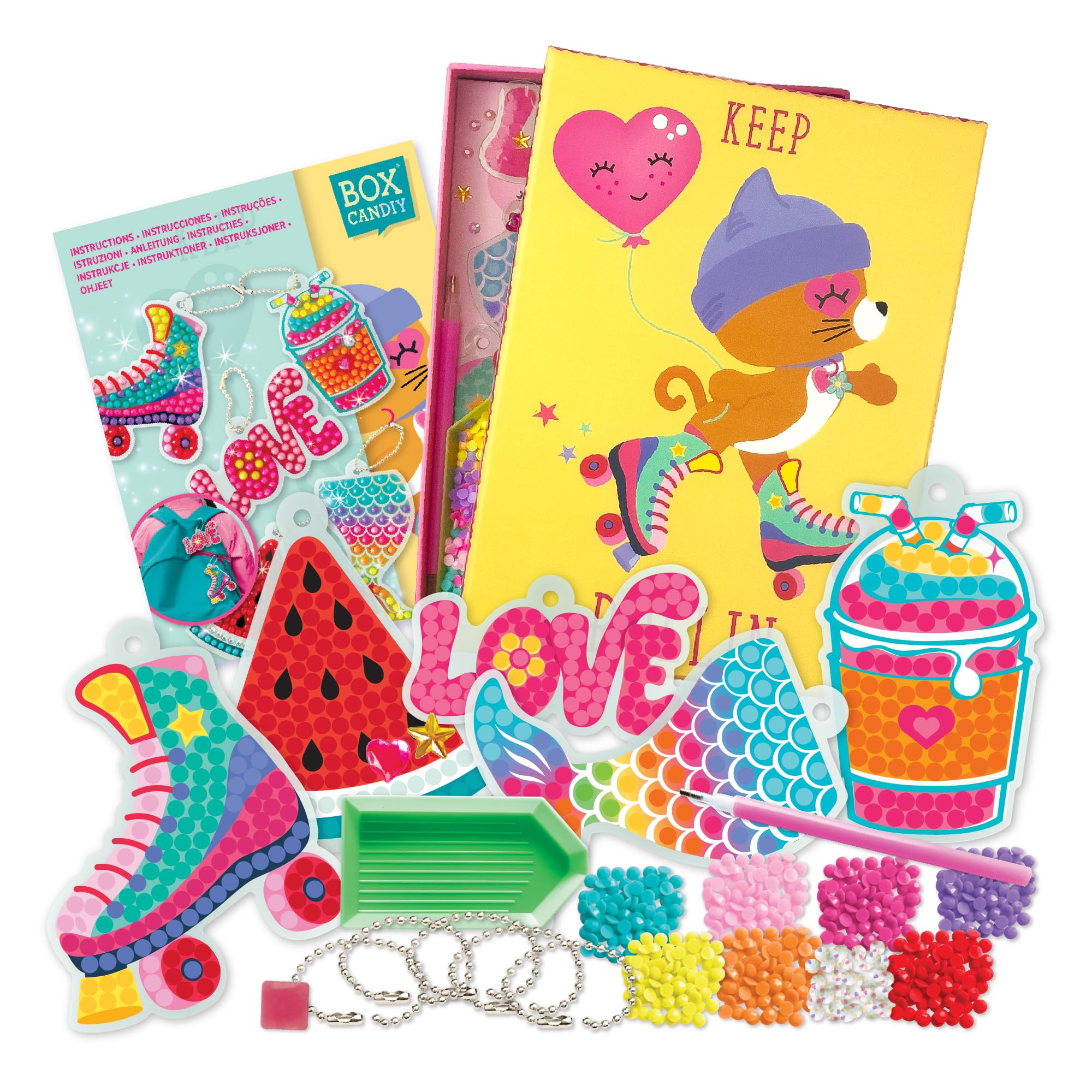 BOX CANDIY Big Gem Backpack Charms Art Set for Kids I DIY Keyring Craft Kit with Sticky Sheets, Colourful Gems, Gem Tool & Storage Box