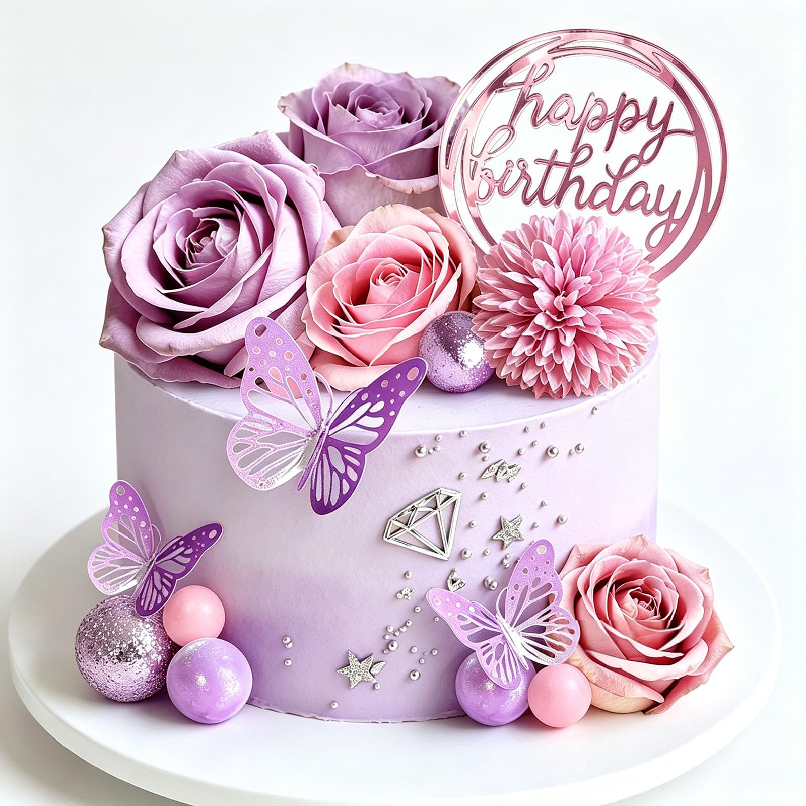 Flower Cake Toppers, Happy Birthday Rose Gold Cake Decorations with Artificial Flowers Butterfly Purple Balls for Women Birthday Wedding Baby Shower Party Supplies (Purple)