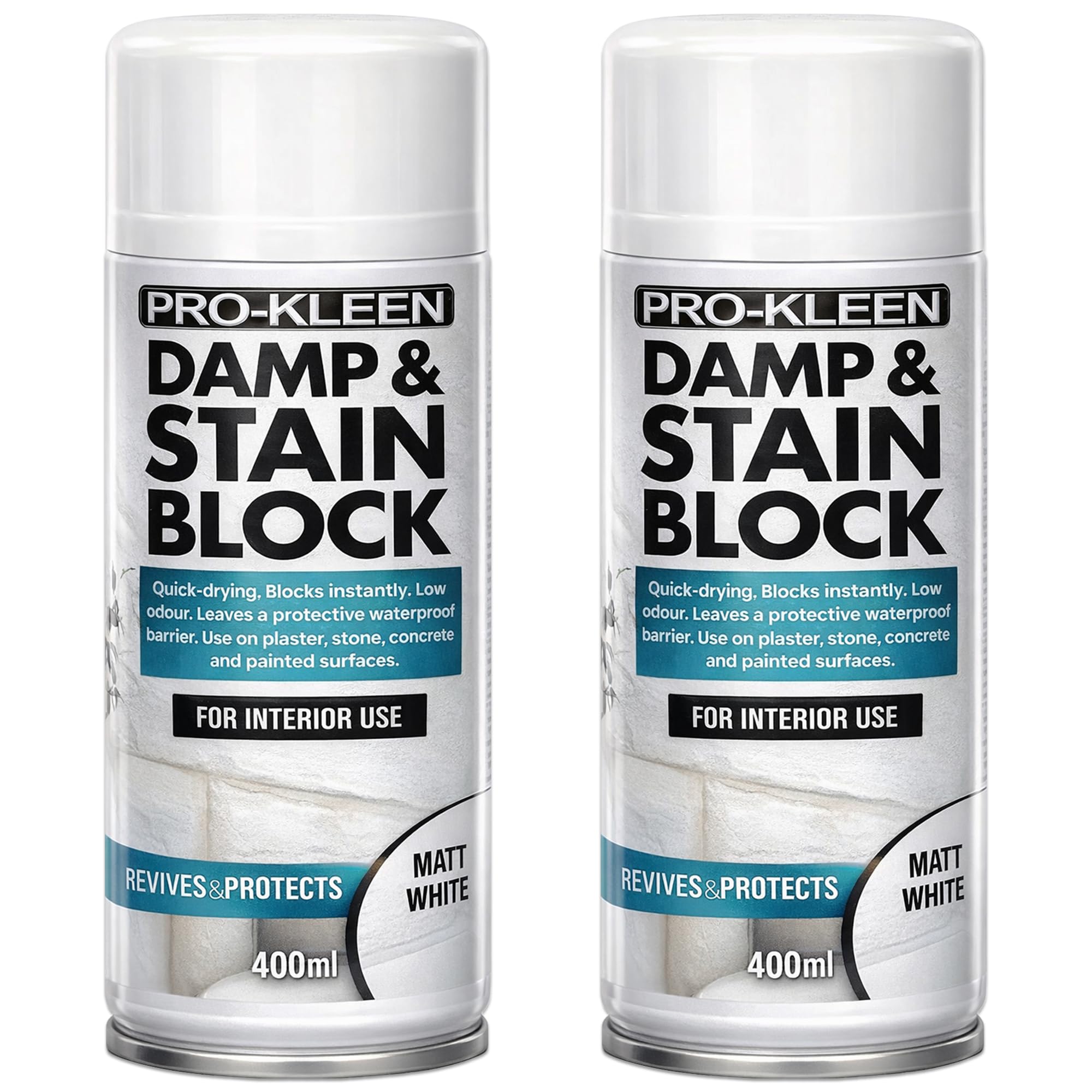 Pro-Kleen Damp & Stain Block Spray Paint Primer White Matt 2 x 400ml - Covers Damp, Mould, Grease, Nicotine & Rust Stains - for Walls & Ceilings - Leaves a Waterproof Barrier
