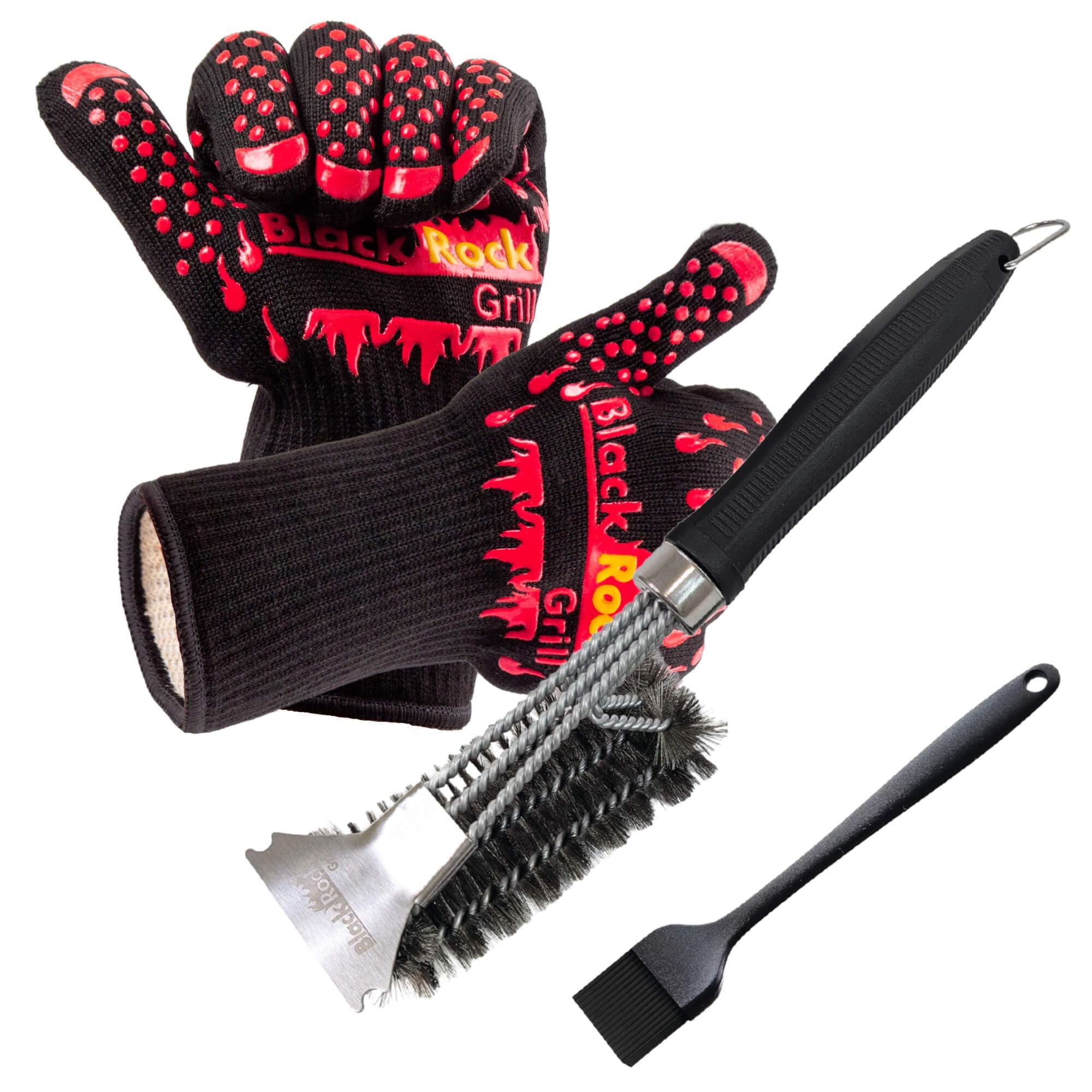 Black Rock Grill Ultimate BBQ Tool Kit - Heavy Duty 18” Stainless Steel Grill Brush, Scraper, Oil Brush & 500°C Heat Resistant BBQ Oven Gloves - Professional Grilling Gift Set